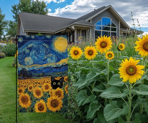 BLKWHT Cat Garden Flag - Summer Sunflower Design, Double-Sided, 12x18 Inches | Blue Sky Welcome Decor