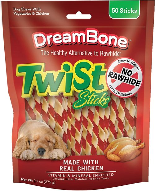 DreamBone Twist Sticks - Rawhide-Free Dog Chews Made with Real Vegetables & Chicken | 50 Count