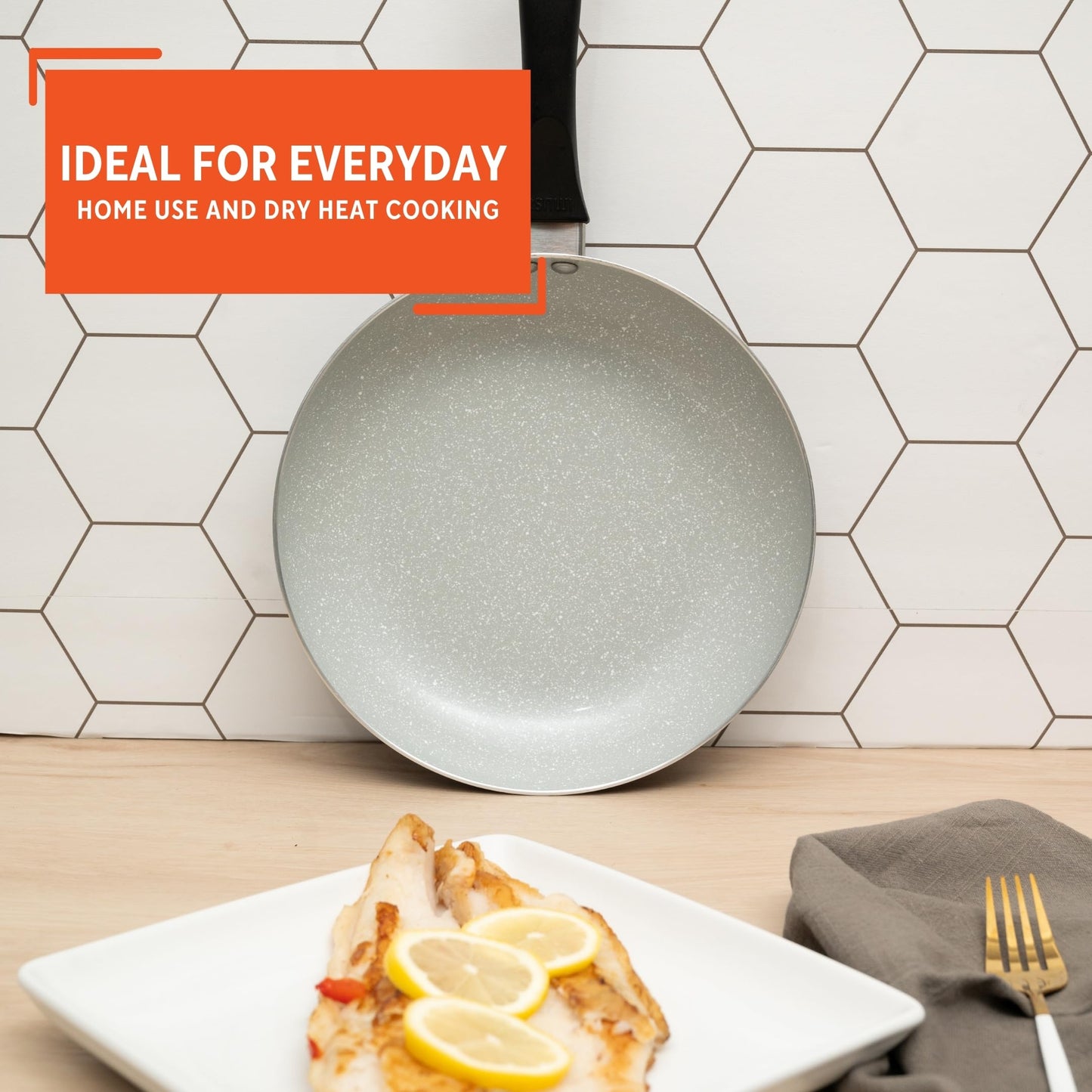 IMUSA Premier Ceramic Nonstick Frying Pan 9.5 in Aluminum Skillet with Cool Touch Handle Gray Speckled Coating Matte Black PTFE-Free Dishwasher Safe for Healthy Cooking