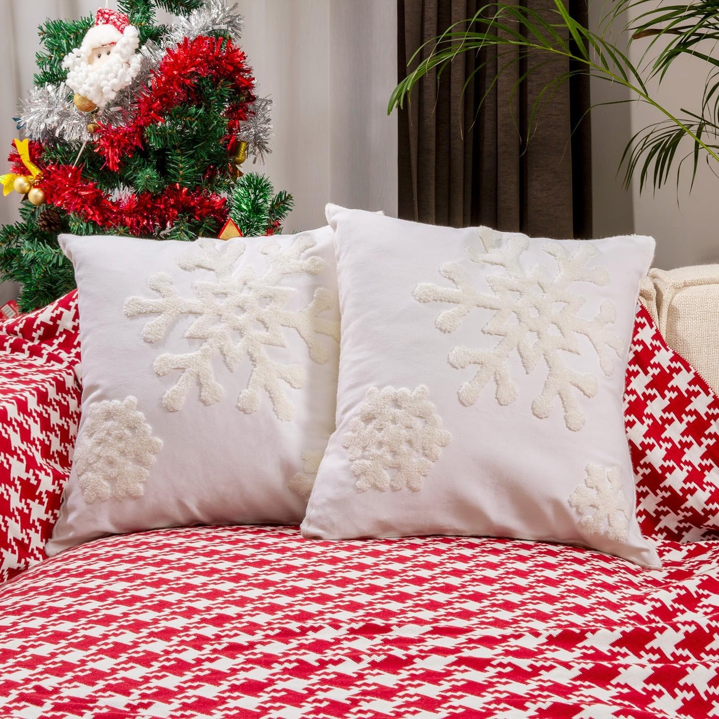 Christmas Snowflake Embroidered Throw Pillow Covers - 18x18 Cotton Linen, Set of 2