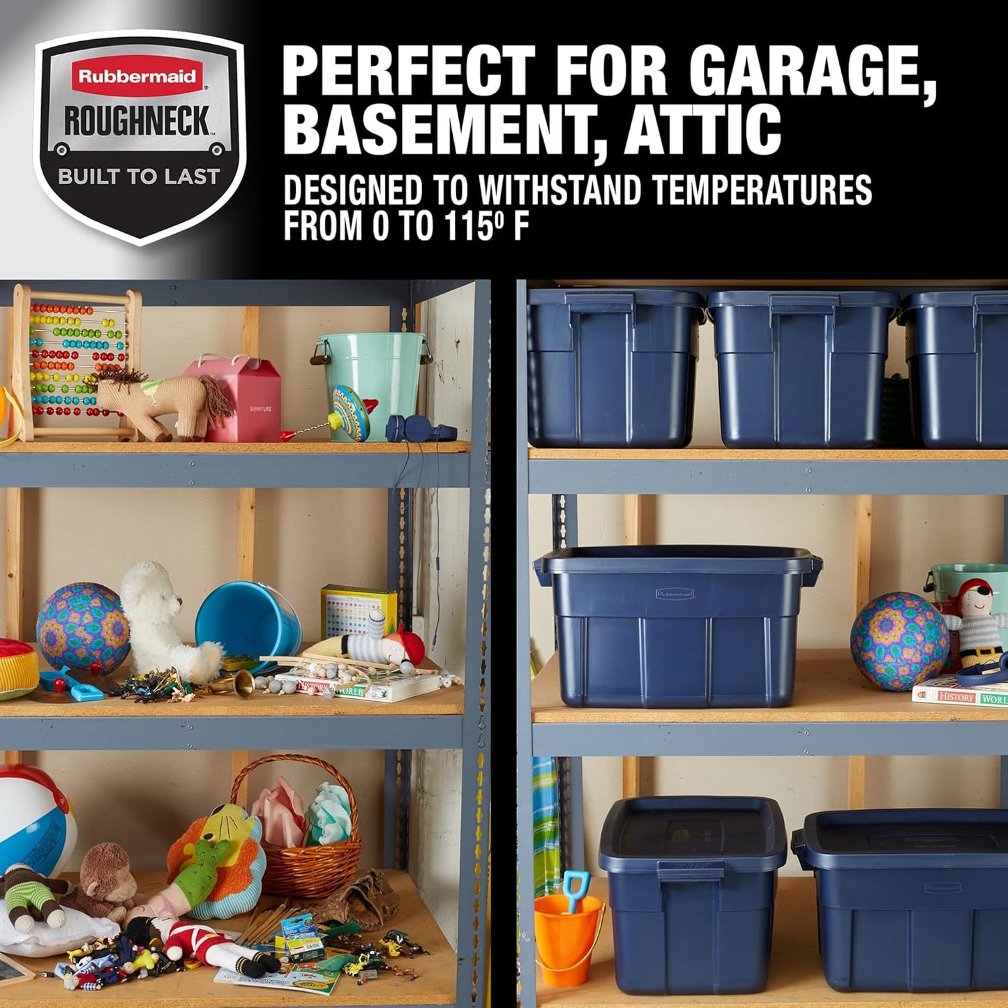 Rubbermaid Roughneck 14 Gal Tote - Rugged Stackable Storage Bins with Lids | Dark Indigo Metallic, 6 Pack
