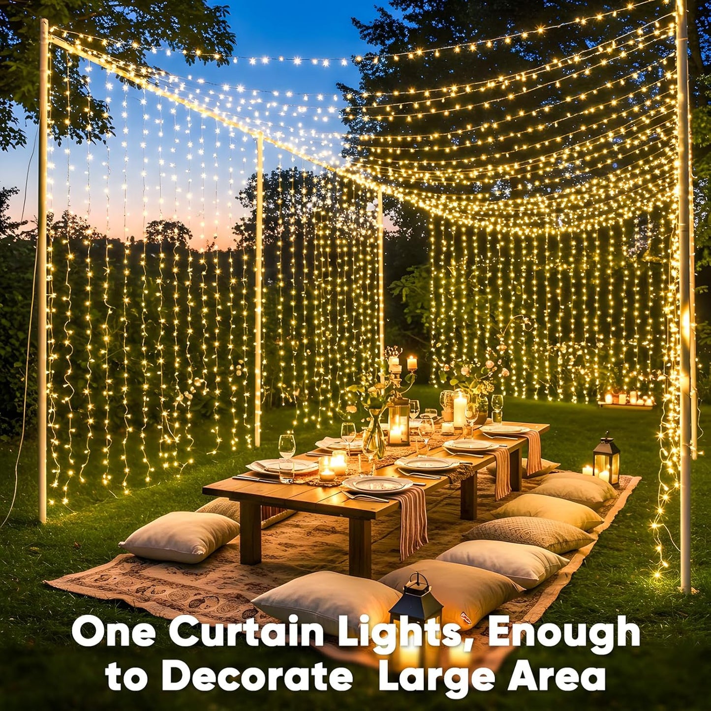 Suddus 600 LED Christmas Curtain Lights - 9.8x19.6ft Outdoor Wall Hanging Lights with Remote | Warm White Decor for Weddings, Parties, and More