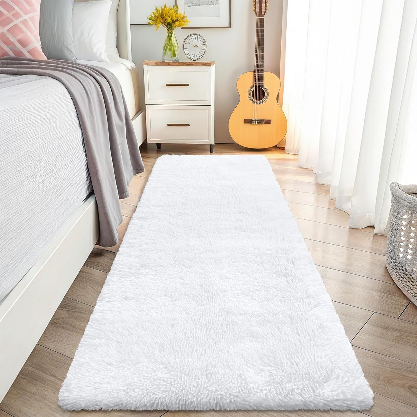 OLANLY Runner Rugs - Soft, Machine Washable Shaggy Design for Hallway & Bedroom | 2x8 Feet, White