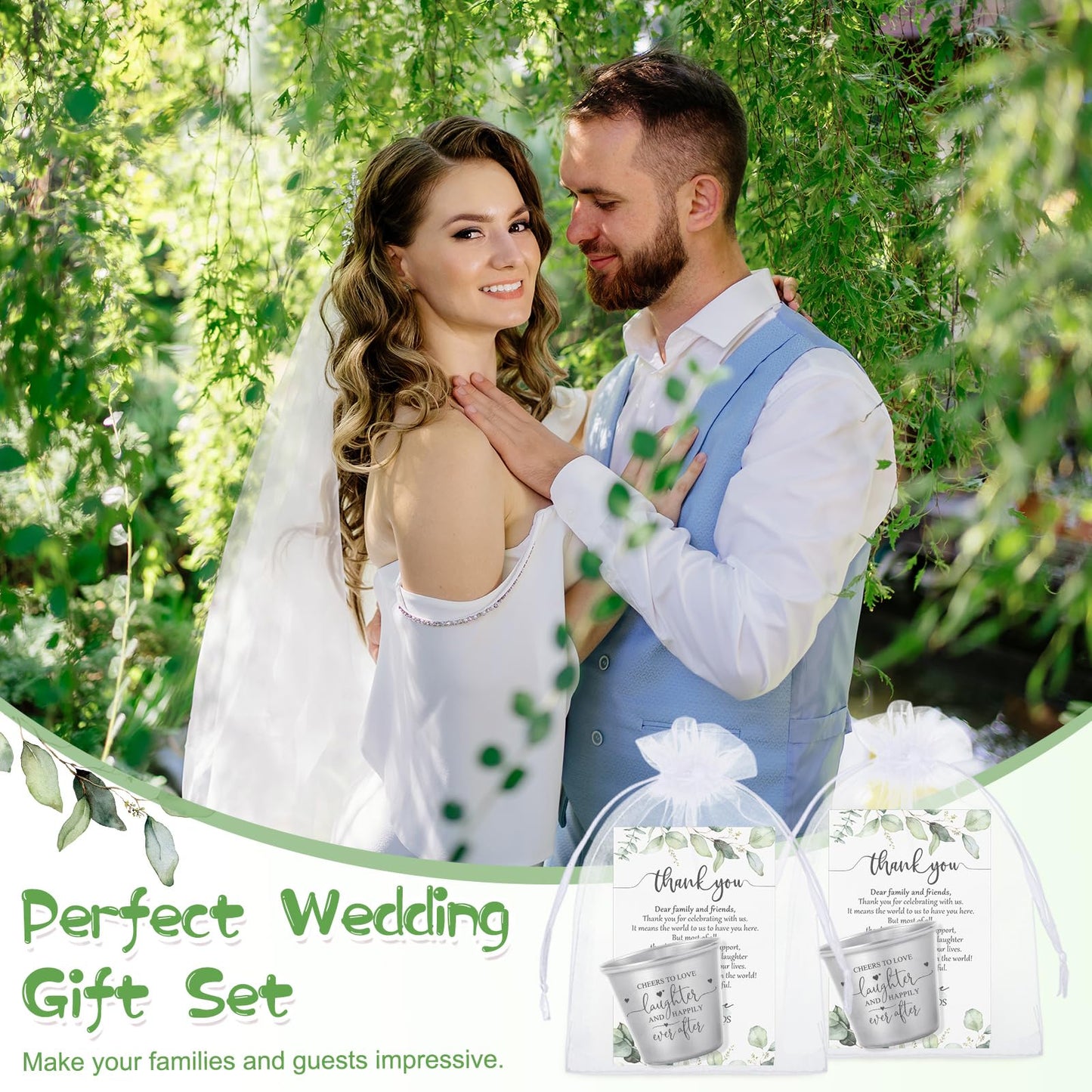 Uiifan Wedding Favors for Guests 1.5 oz Shot Glasses Thank You Cards with Gift Bags for Engagement Bridal Shower Wedding Souvenirs, Cheers to Love Laughter and Happily Ever After(100 Set)