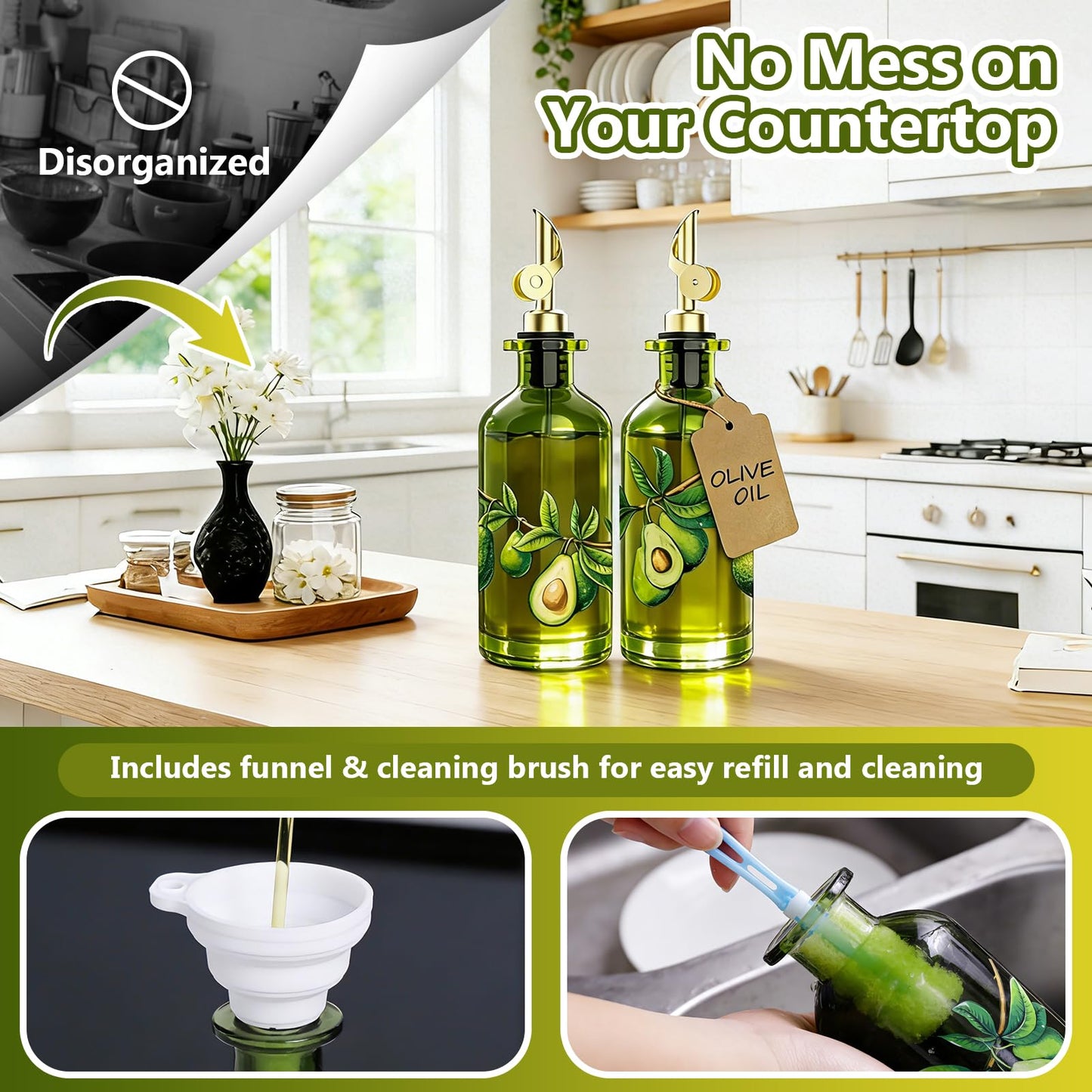 EJGIEGSO Olive Oil Dispenser Bottle for Kitchen, 12oz/350ml Extra Thick Glass Oil and Vinegar Cruet with Stainless Steel Pourer, Funnel & Cleaning Brush, Premium Oil Dispenser Set (Avocado)