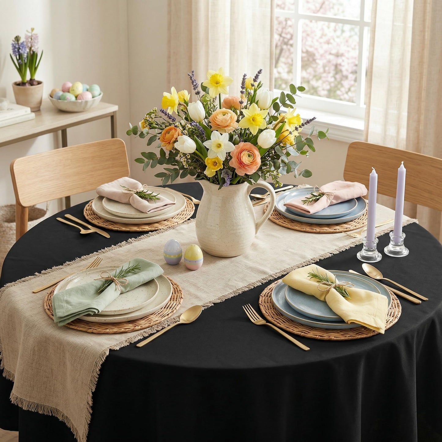 sancua Round Tablecloth - 60 Inch (Fits 20-48 Inch Tables), Water Resistant Spill Proof Washable Polyester Table Cloth Decorative Fabric Table Cover for Dining, Buffet Parties and Camping, Black