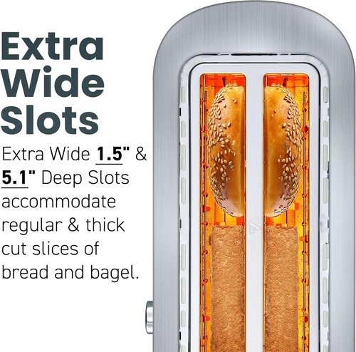 Elite Gourmet Long Slot 4-Slice Toaster - Extra Wide 1.5" Slots, 6 Shade Settings, Stainless Steel
