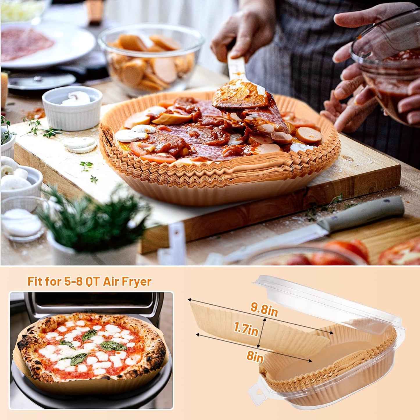 Air Fryer Liners | 200PCS Non-Stick Parchment Paper, 9-Inch Round for 5-8QT Air Fryers