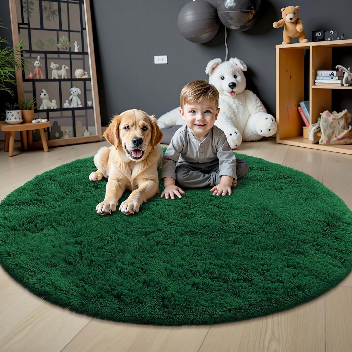 OLANLY Dark Green Round Rug - Soft & Fluffy 9 ft Circle Area Rug, Machine Washable for Bedroom & Living Room Decor