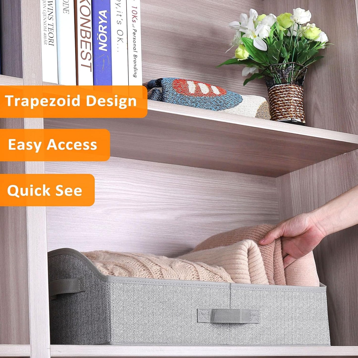 WUIKE Closet Organizers - Extra Large Fabric Storage Bins with Handles | Herringbone Gray, 3-Pack