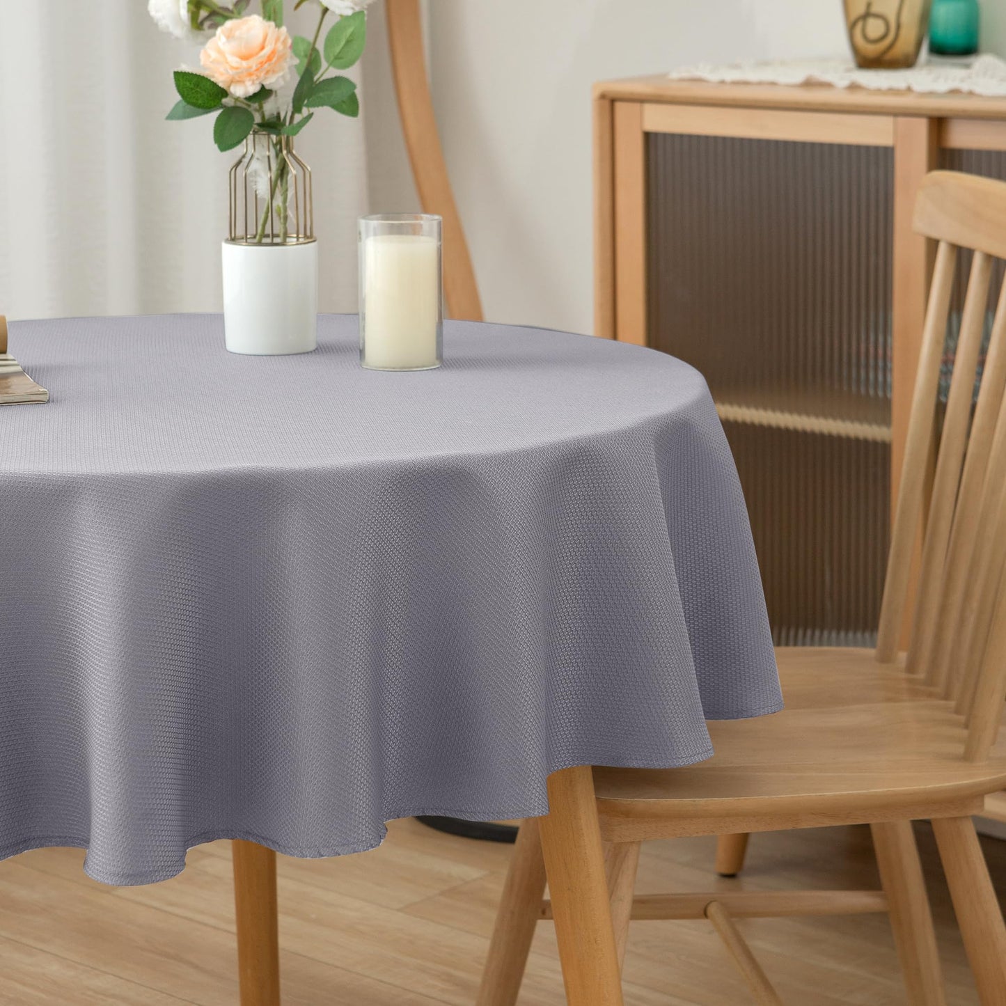 Biscaynebay Textured Fabric Round Tablecloths 70", Silver Grey Water Resistant Table Cloth Circle Folding Table Covers for Dining, Kitchen, Wedding, Parties etc Machine Washable