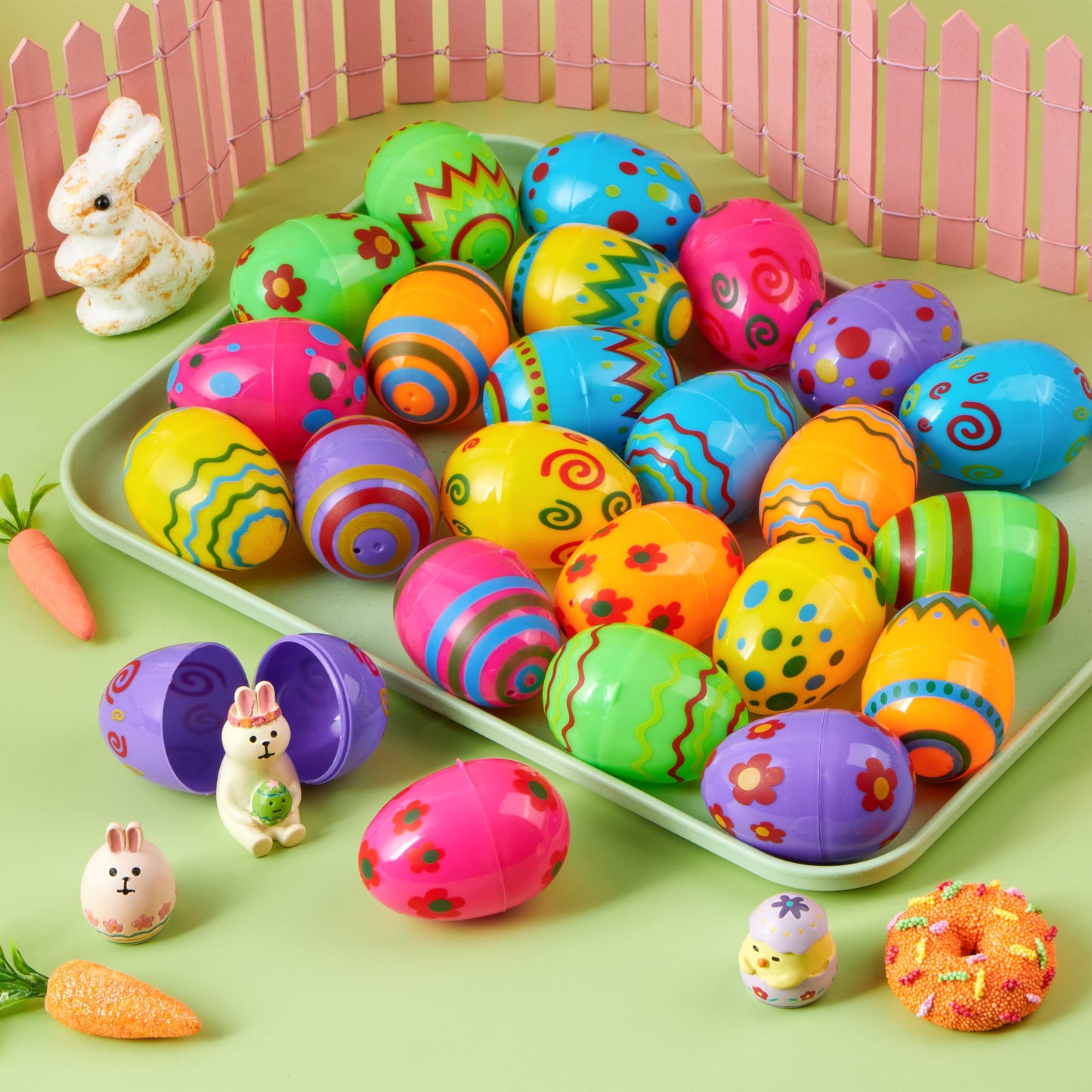 JOYIN 36PCS 2.3" Printed Empty Plastic Eggs Fillable, Bright Colorful Plastic Eggs Bulks for Festival Hunt, Filling Treats, Party Favor, Basket Stuffers, Classroom Prize Supplies