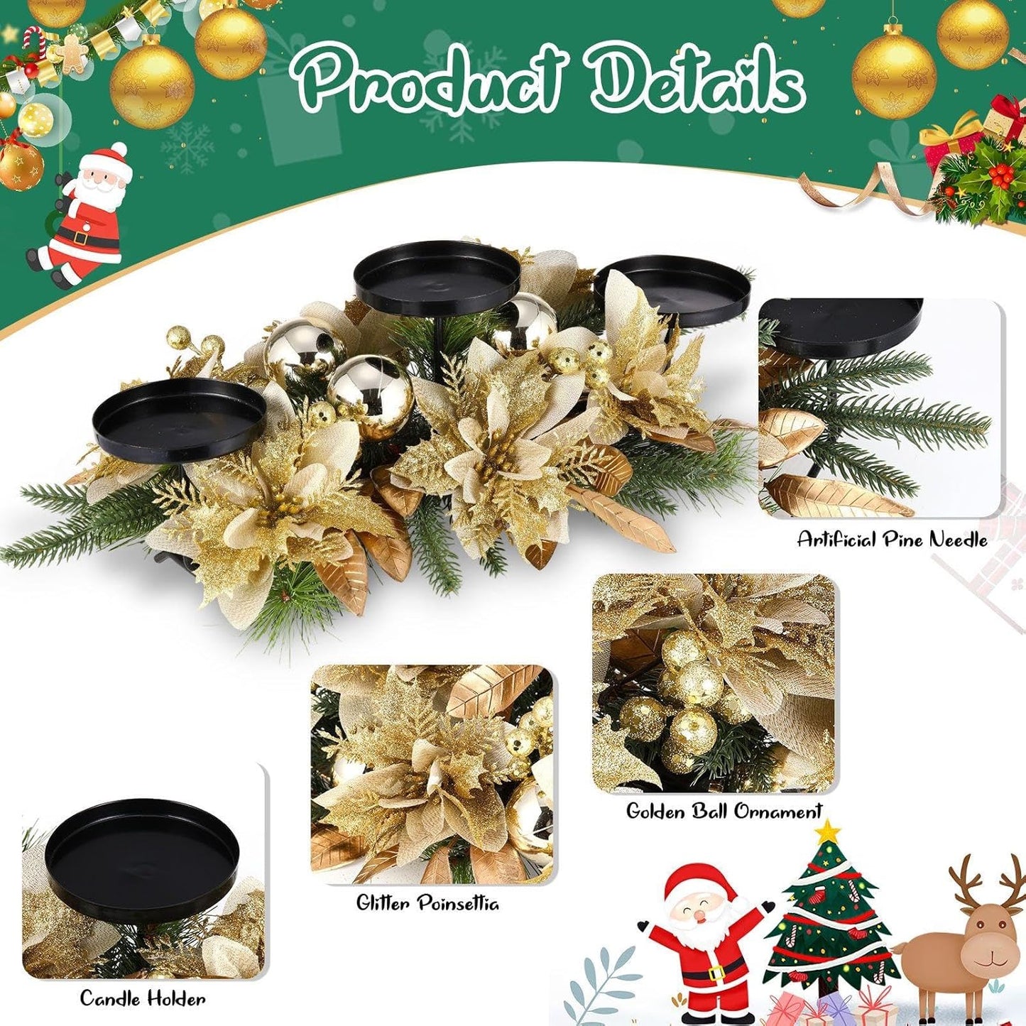 Regine Switzerland Christmas Table Centerpiece - 3 Candle Holders with Gold Poinsettia & Pinecones