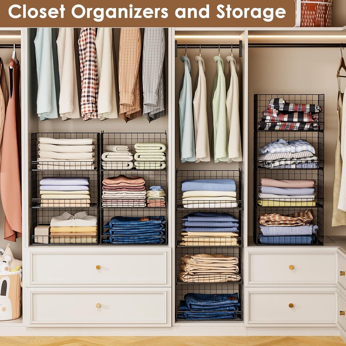 Yociyoga 4-Tier Closet Organizer - Stackable Storage Shelves & Foldable Bins | Black