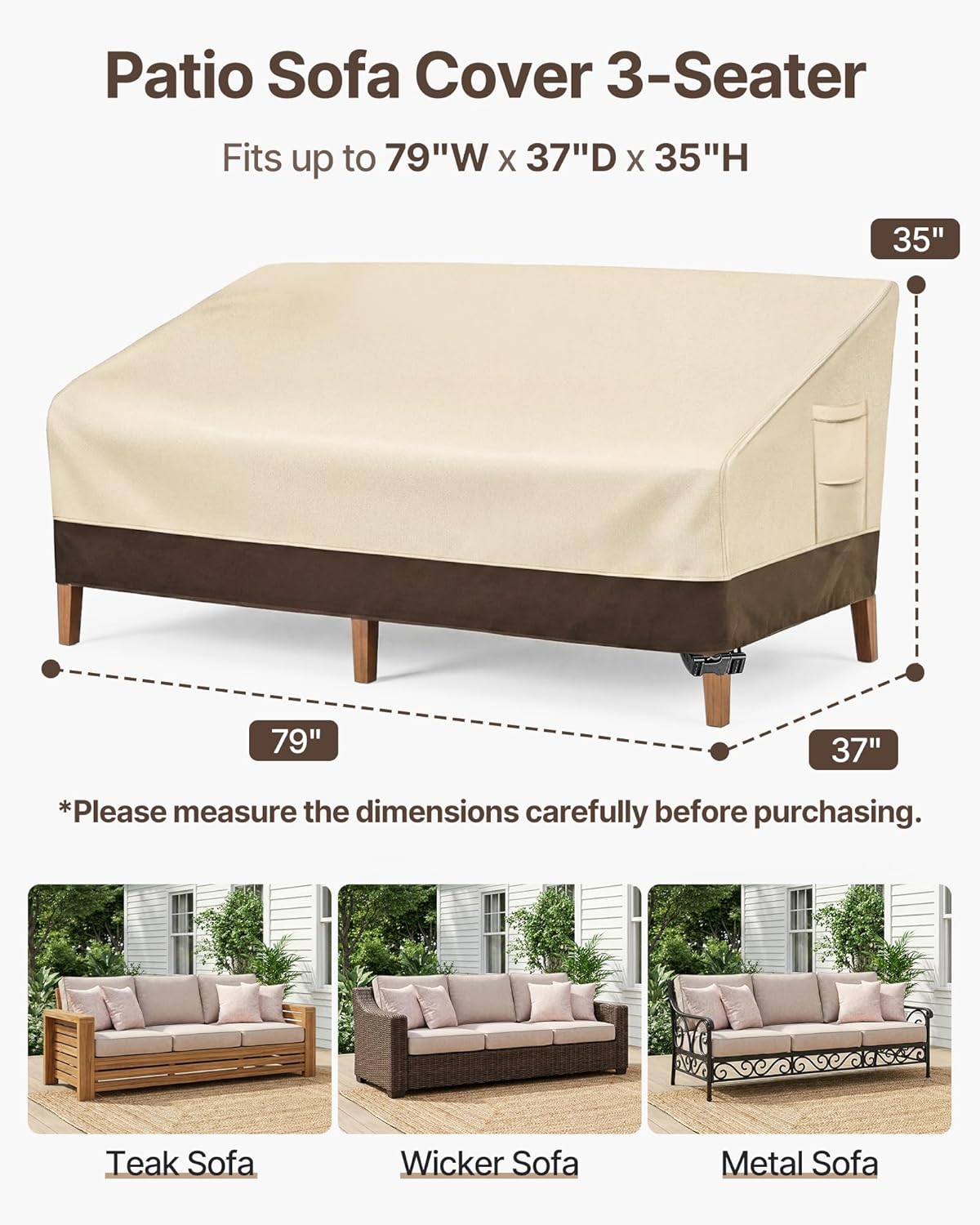 Vailge Heavy Duty Patio Sofa Cover - 100% Waterproof 3-Seater Outdoor Protection | Beige & Brown, 79" W x 37" D x 35" H