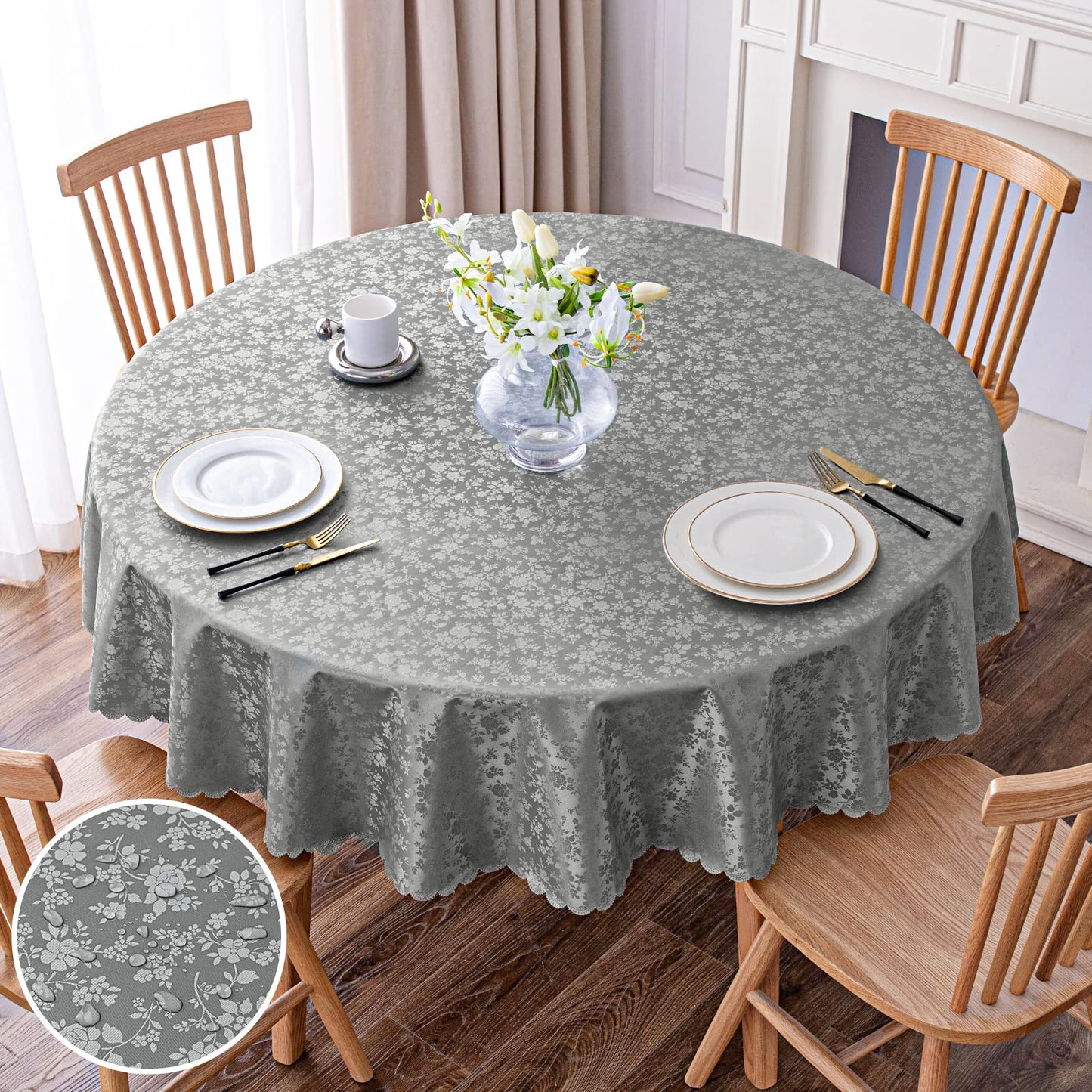 Smiry Round Table Cloth, Waterproof Heavy Duty Vinyl Tablecloths, Wipeable Washable Table Cover for Kitchen and Dining Room (Grey, 70" x 70")
