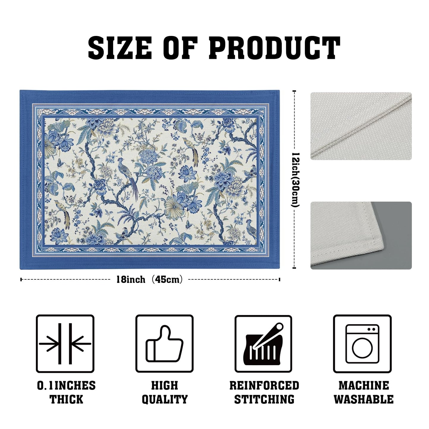 Giwawa 4PCs Chinoiserie Placemats Blue White Floral Birds Decorative Linen Table Mat 12"x18" Oriental Style Classic Flowers Heat Resistant Washable Place Mats for Kitchen Dining Party