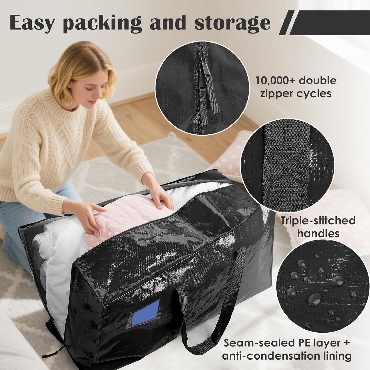 Skiennix 6 Pack Moving Bags - Extra Large 93L Heavy Duty Waterproof Storage Totes | Black for Home Organization & College Dorms