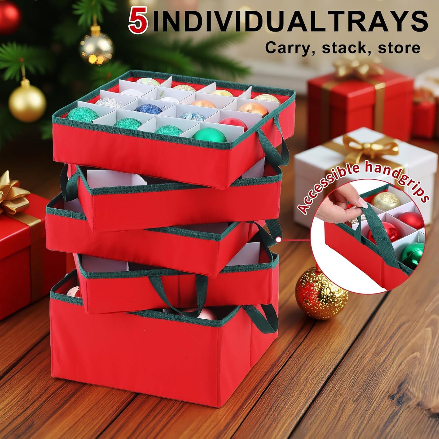 Skiennix 2-In-1 Christmas Ornament Organizer Box - Holds 73 Holiday Ornaments, Adjustable Space & Pockets for Figurines