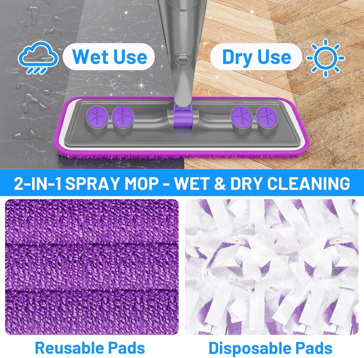 Skiennix Spray Mop for Floor Cleaning - Wet & Dry with 2 Washable + 2 Disposable Pads | Refillable Bottle for Hardwood & Tile Homes - Effectively Absorbs Pet Hair & Dust