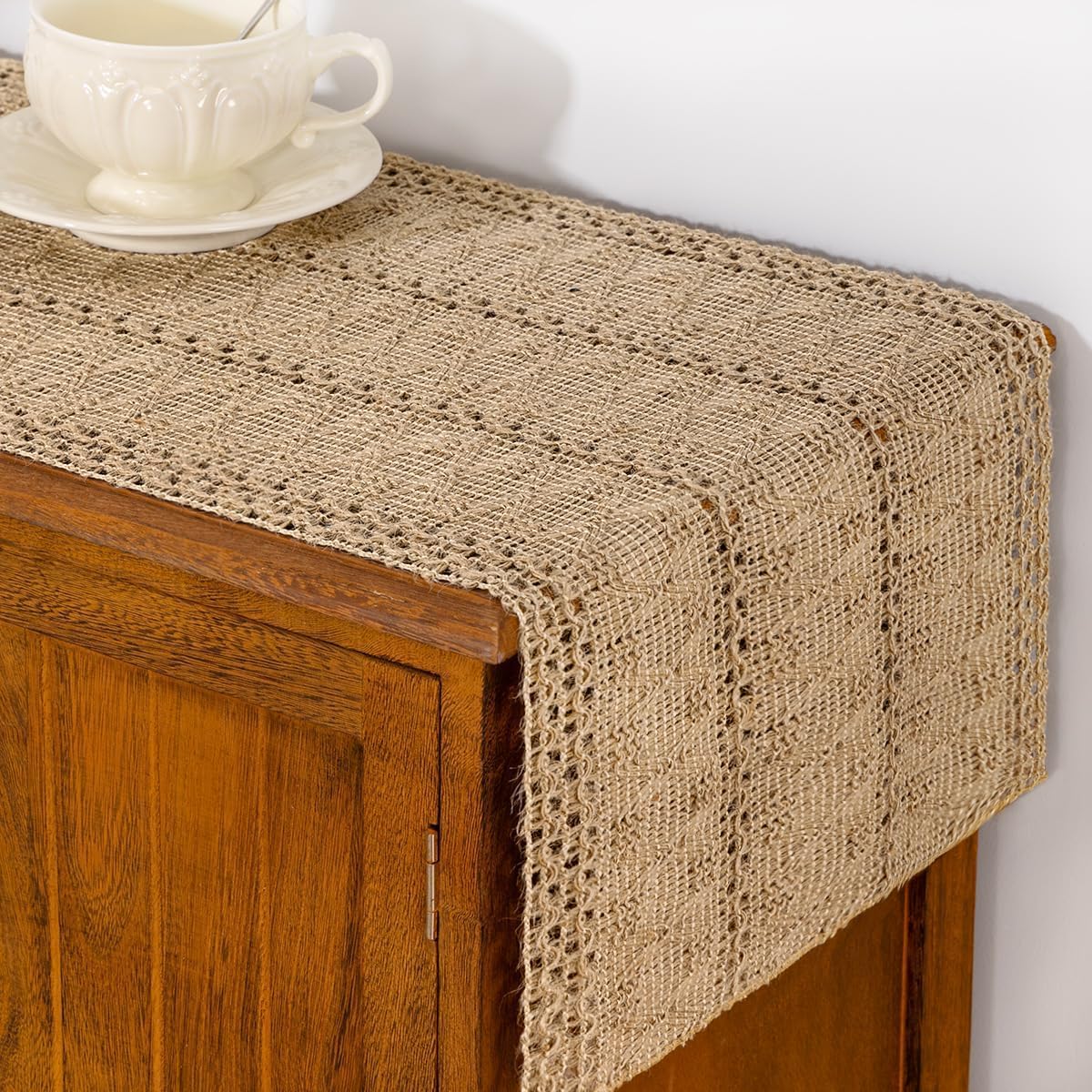 Santaben Burlap Brown Spring Boho Macrame Table Runner Rustic Farmhouse Woven Cotton Linen Burlap Table Runners for Dining & Bedroom Home Decor 11x58 Inches