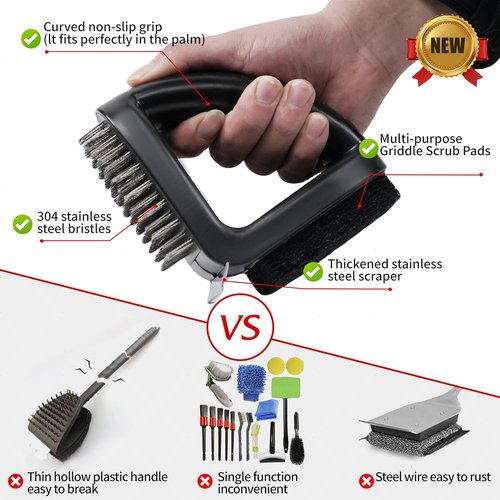 4-in-1 Grill Brush by [Brand Name] - Heavy-Duty Bristle-Free Sponge Pad & Wire Cleaner for Outdoor Grills
