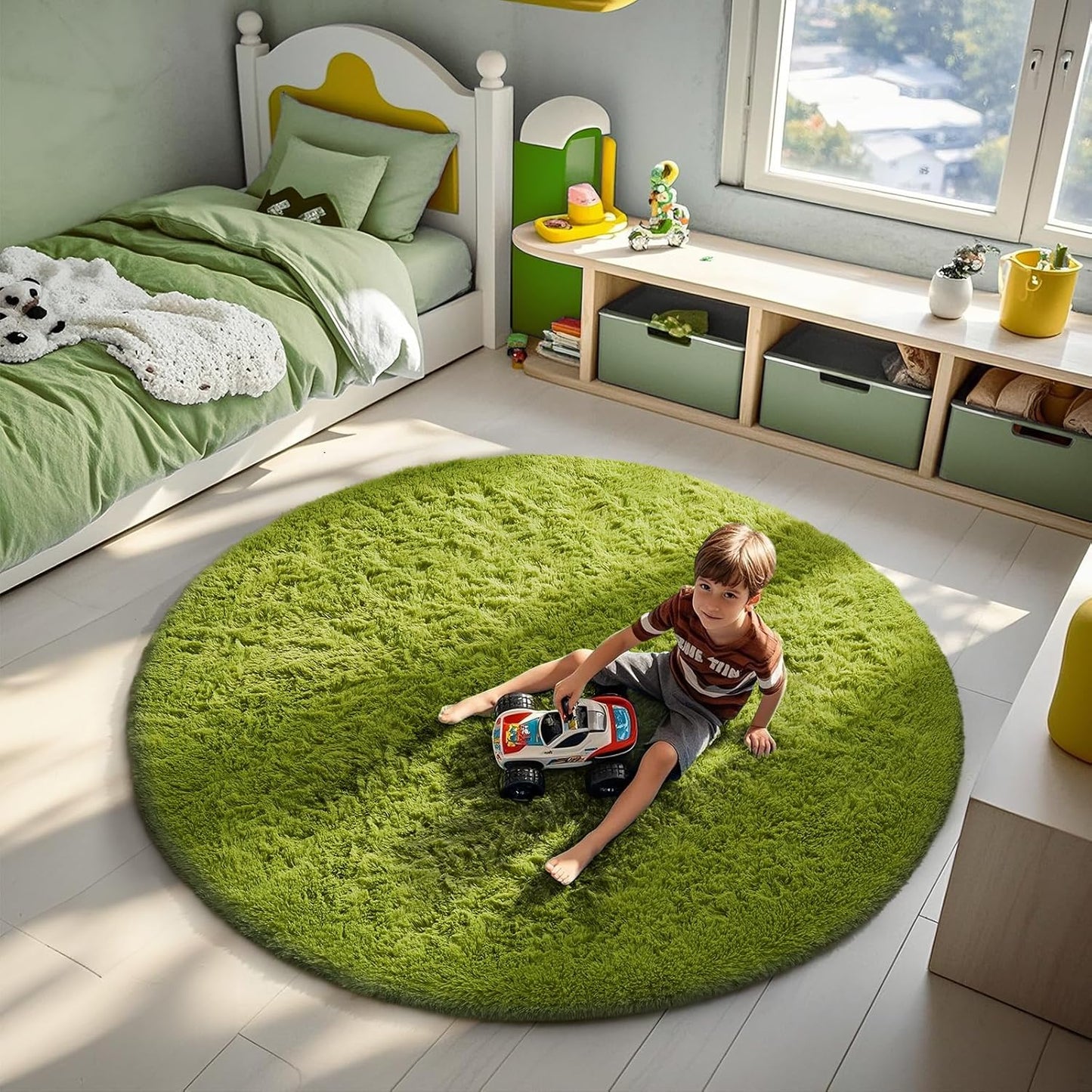 Ophanie Round Rug - 6Ft Green Circle Area Rug | Plush Soft Shaggy Carpet for Kids' Rooms & Nurseries