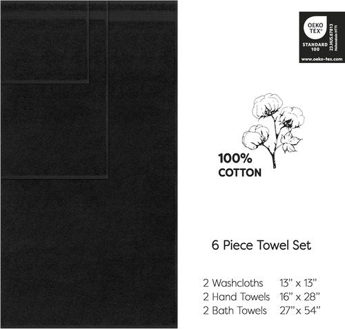 Cotton Paradise 6-Piece Towel Set - 100% Turkish Cotton | Soft, Fluffy Bath Towels in Black