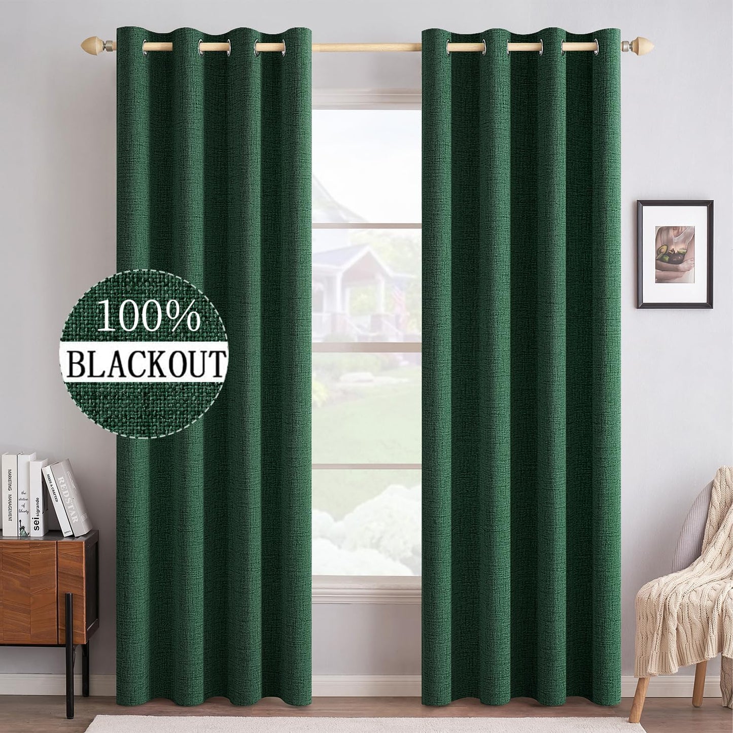MIULEE 100% Blackout Linen Curtains - Thermal Insulated Emerald Green Drapes | 52 x 96 Inch (2 Panels)