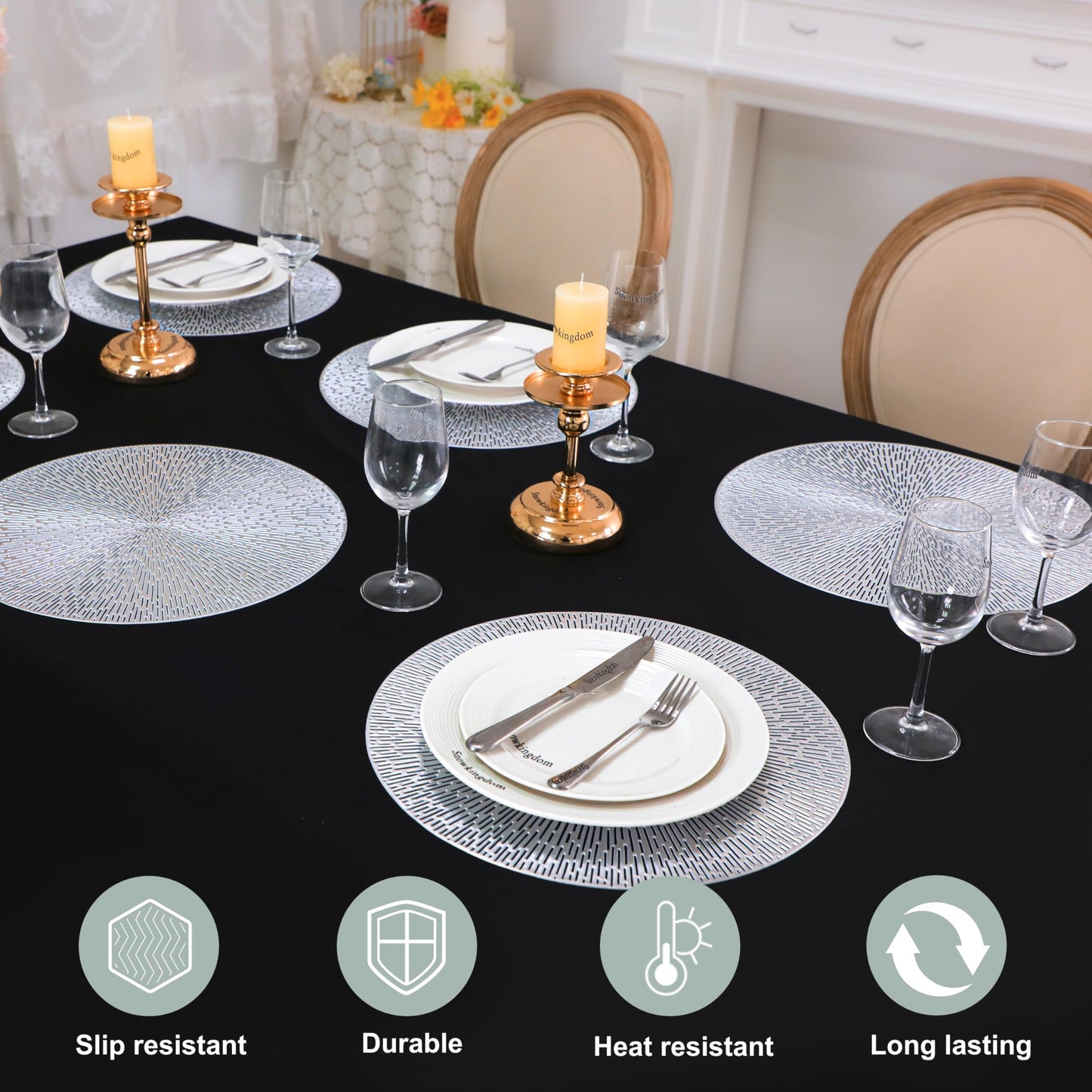 Snowkingdom Silver Round Placemats Set of 6, 15 Inch Metallic Pressed Vinyl Place Mats, Easy Clean Non Slip Heat Resistant Washable PVC Hollow Out Table Mats for Dinner Party Table Decoration