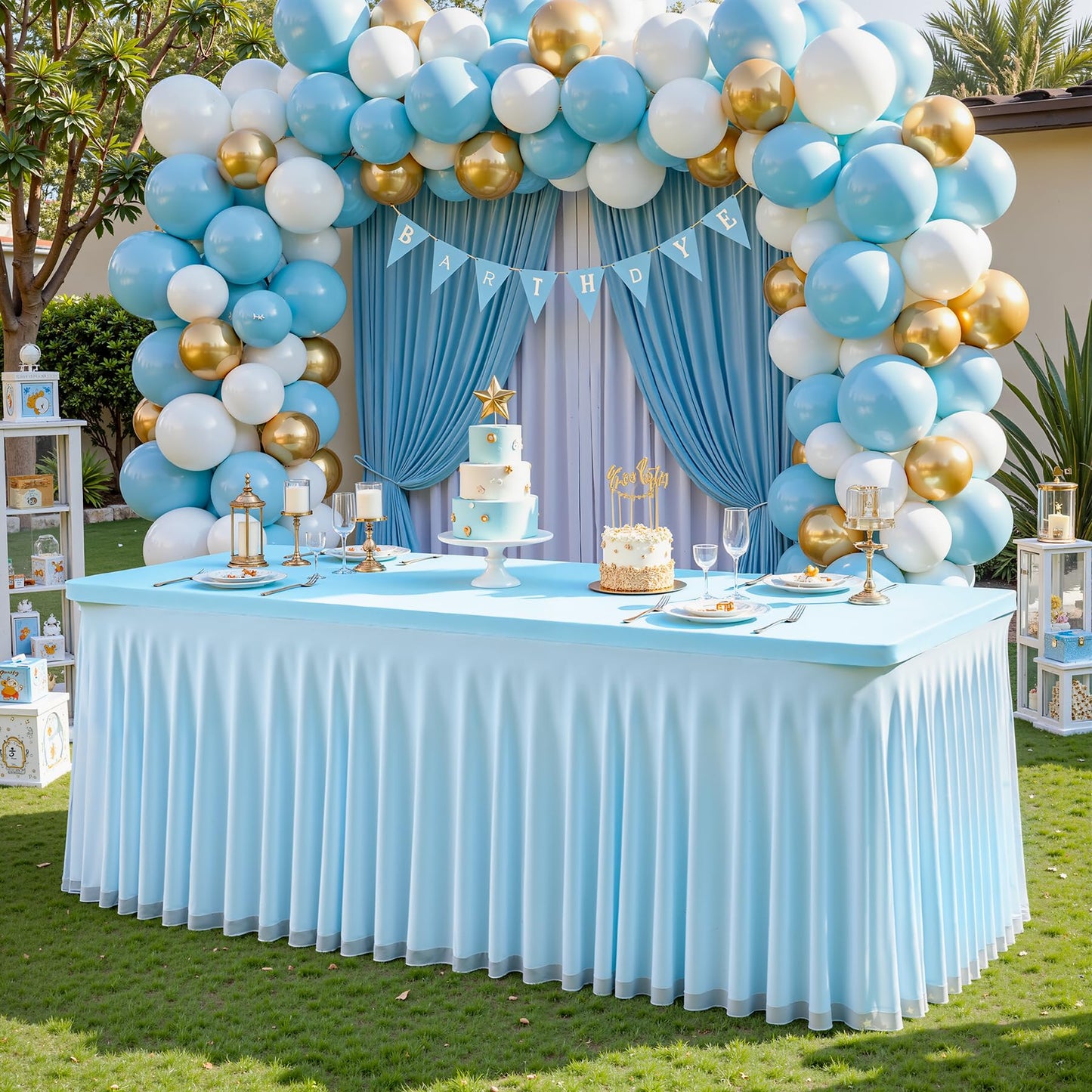 PARTISKY Blue Tablecloths 4 Foot Rectangle Tables, Spandex Fitted Tablecloth Stretch Table Cover with Tulle Skirt for Baby Shower Birthday Party Wedding Banquet Dessert Table Decorations