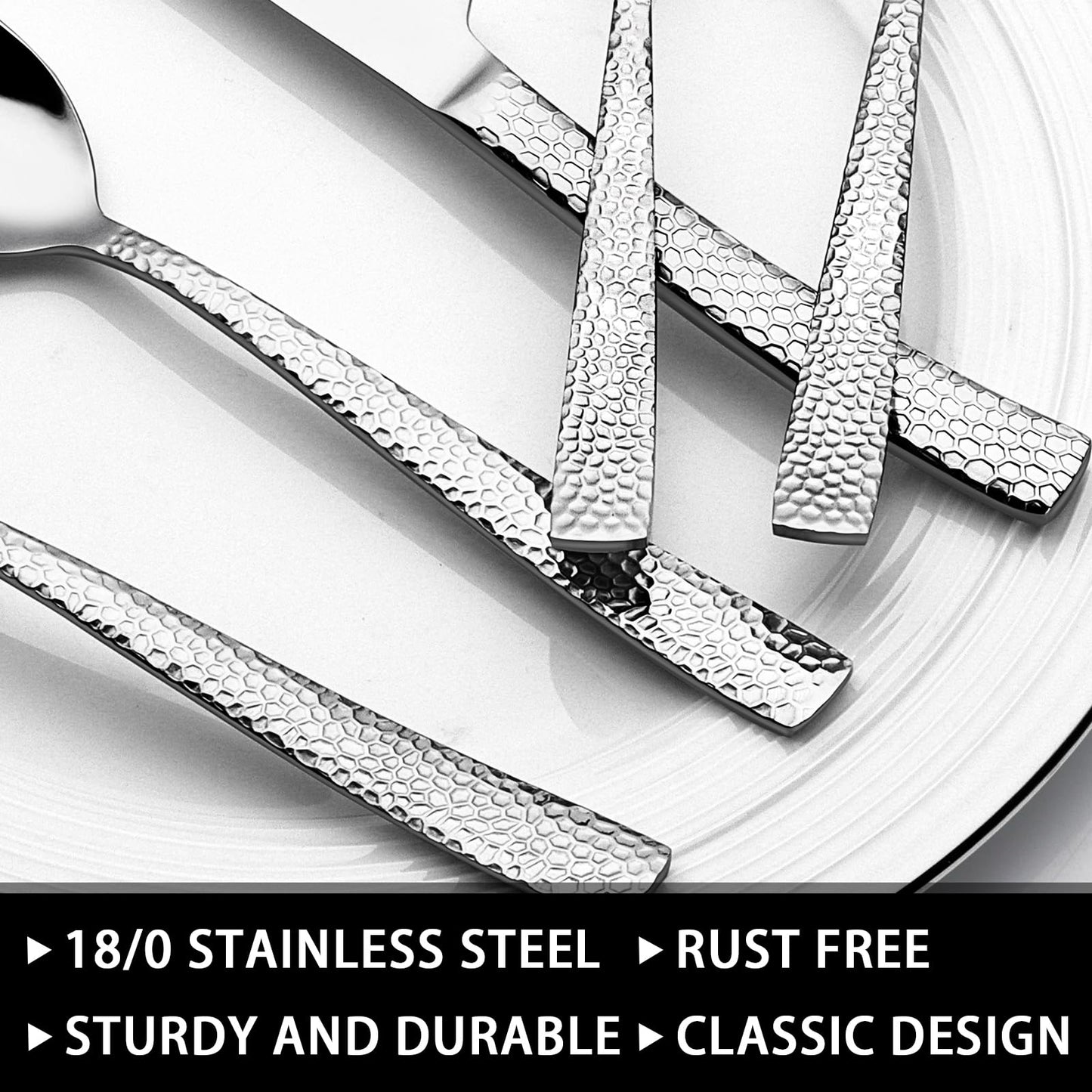 49-Piece Hammered Silverware Set with Organizer, Food-Grade Stainless Steel Flatware for 8, Cutlery Utensil Sets with Steak Knives, Rust-proof, Mirror Polished, Dishwasher Safe, Wave Hammered