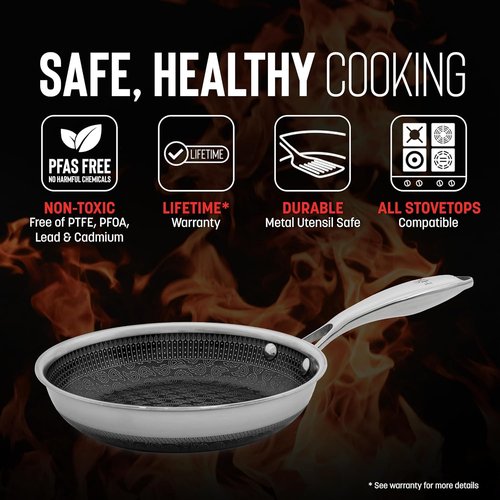 Hell's Kitchen Hybrid 8" Frying Pan - Tri-Clad Stainless Steel & Nonstick Ceramic, PFAS Free, Oven Safe