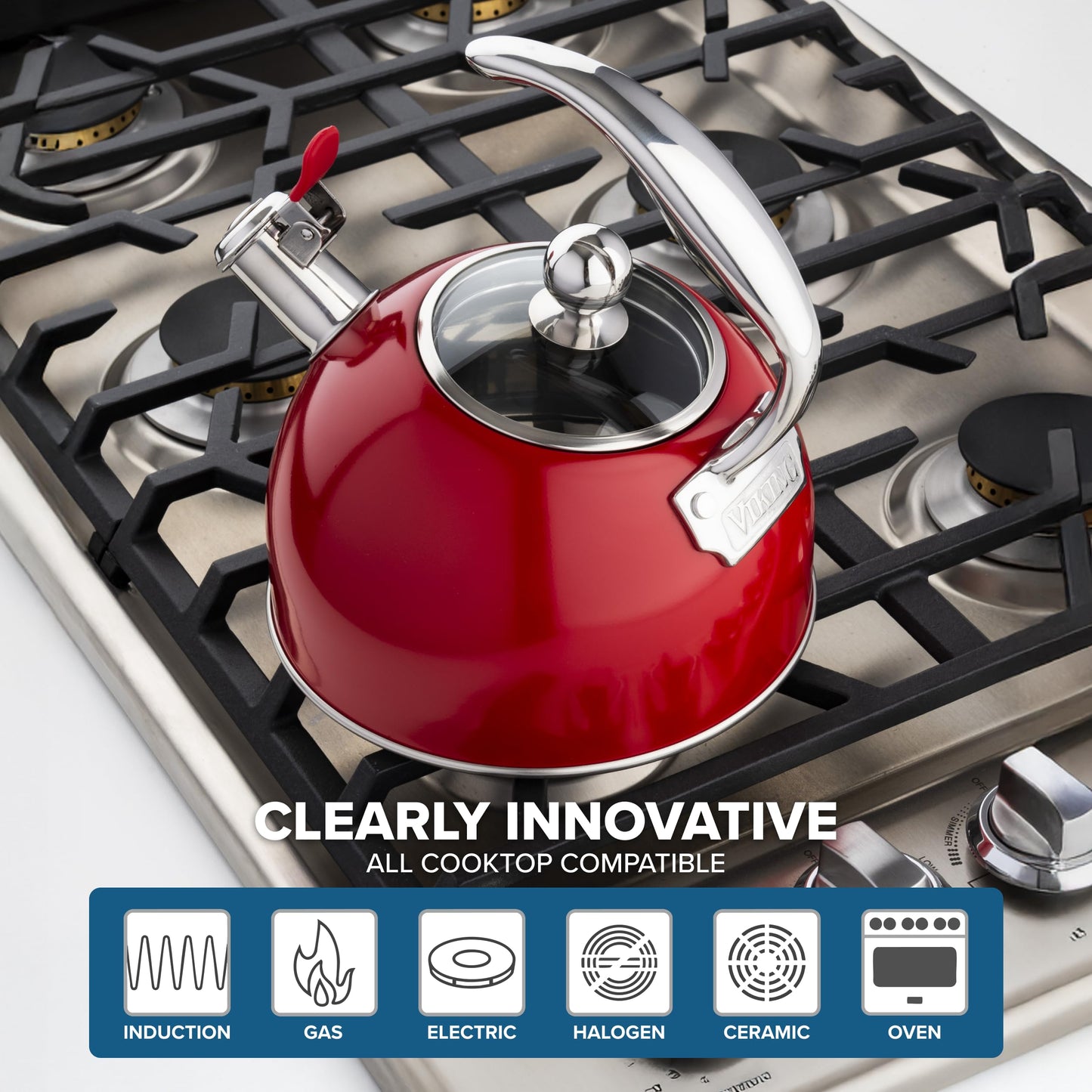 Viking 3-Ply Stainless Steel Tea Kettle, 2.6 Quart Stovetop Hot Water Pot with Tempered Glass Lid, Ergonomic Handle, Induction Ready, Red