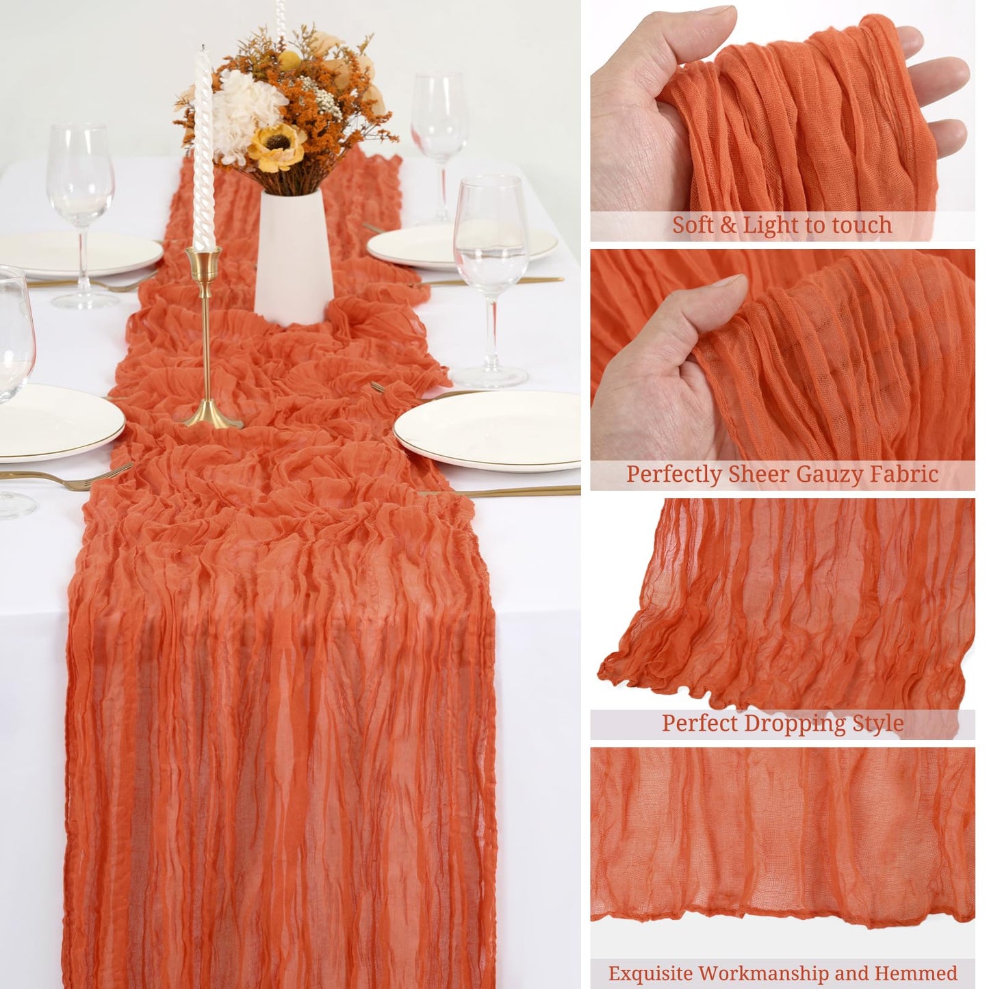 12 Pack Orange Cheesecloth Table Runner,10FT Gauze Boho Long Easter Cheesecloth Table Runners 20x120inch Rustic Cheese Cloth Table Runner for Wedding Party Bridal Shower Table Fall Decorations
