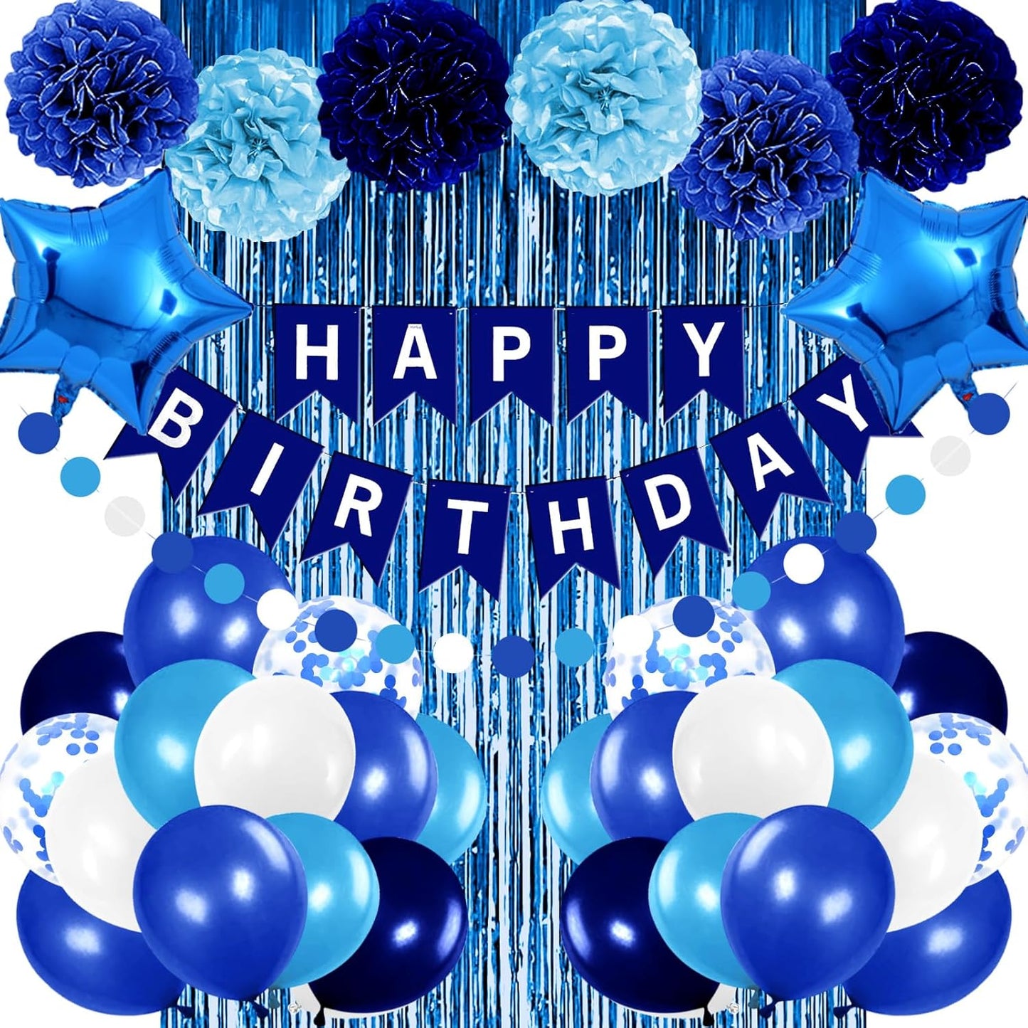 Blue Birthday Party Decorations - Skiennix Happy Birthday Banner, Balloons & Pom Poms | Navy & Light Blue