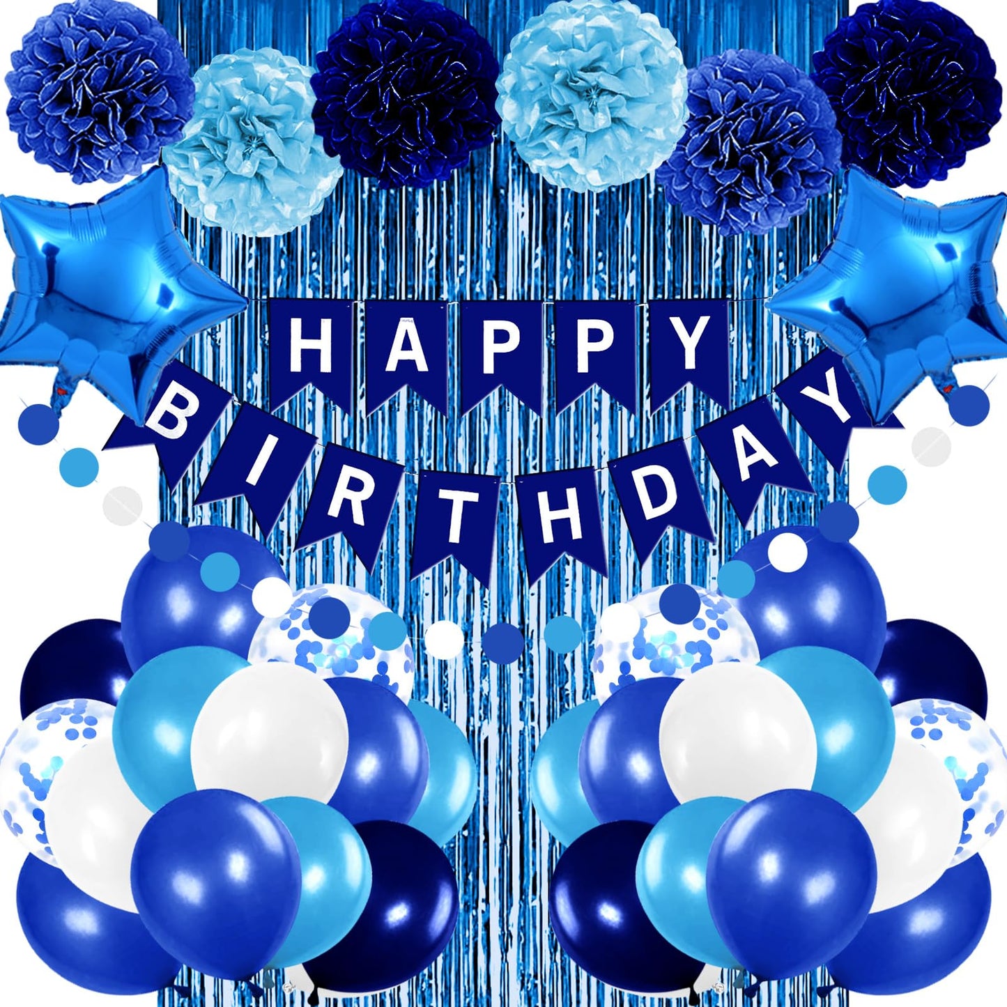 Iysoll Blue Birthday Party Decorations for Boys Men Happy Birthday Banner Balloons Navy Royal Light Blue Pom Poms Foil Curtain Décor Party Decorations for Baby Boy