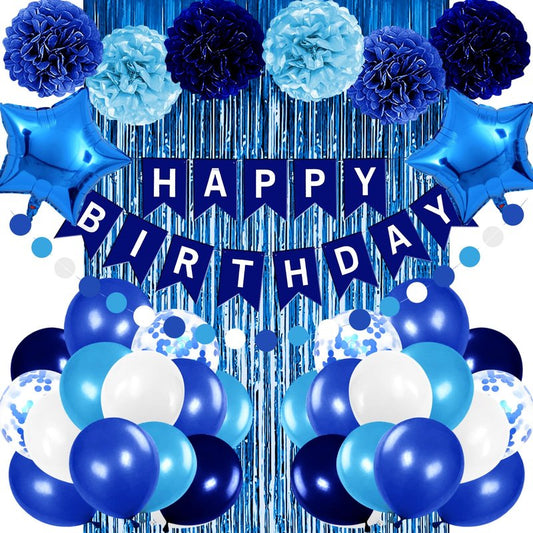 Iysoll Blue Birthday Party Decorations for Boys Men Happy Birthday Banner Balloons Navy Royal Light Blue Pom Poms Foil Curtain Décor Party Decorations for Baby Boy