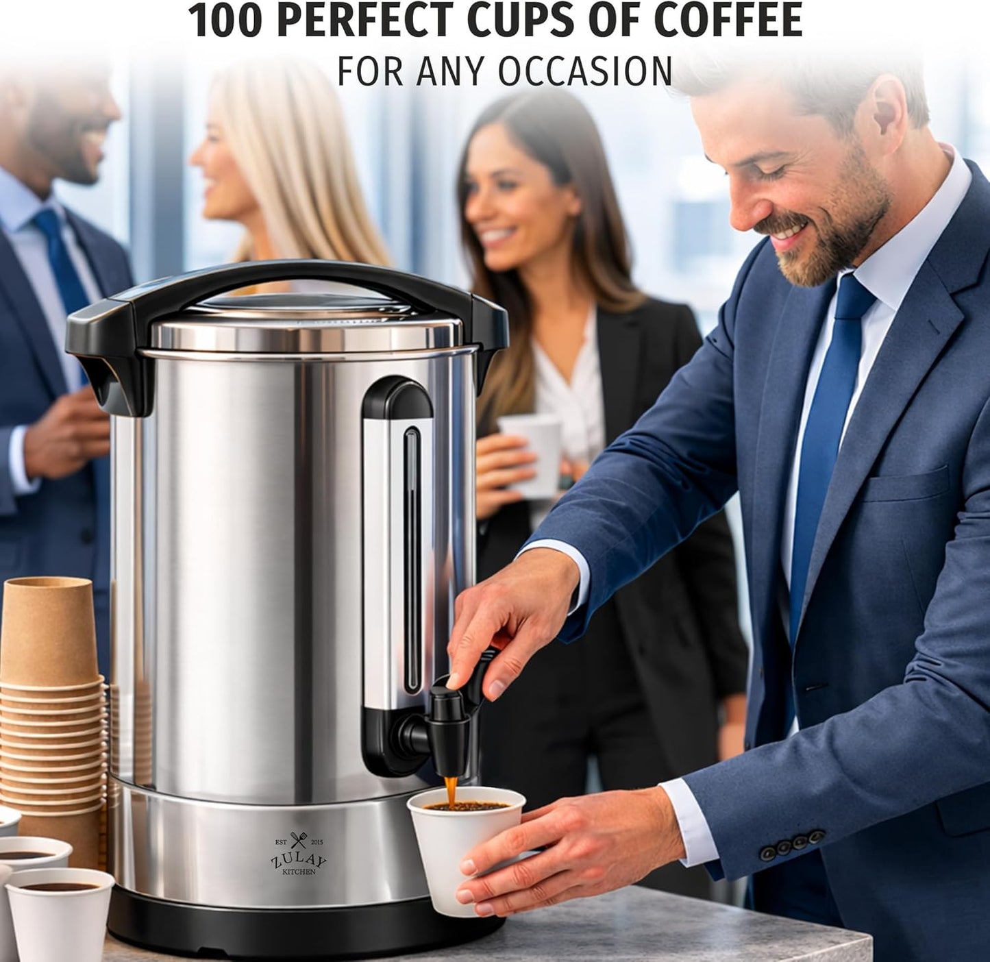 Zulay 100-Cup Coffee Maker | Commercial Grade Hot Water Urn with Double-Wall Stainless Steel - Quick Brew, Silver