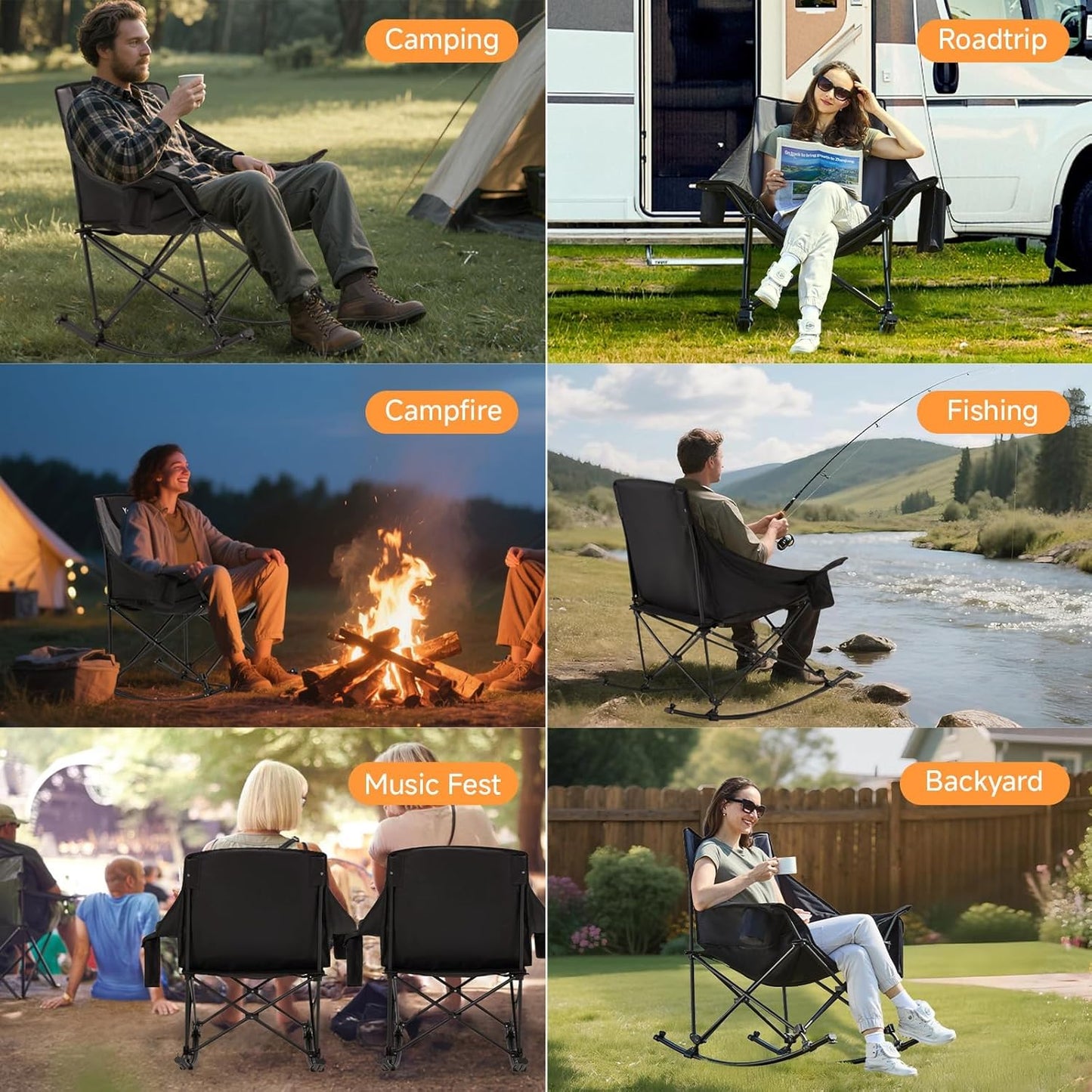 Youtanic Oversized Folding Rocking Camping Chair - Padded Portable Design with Cup Holder & Pockets | Heavy Duty Up to 400lbs, Gray