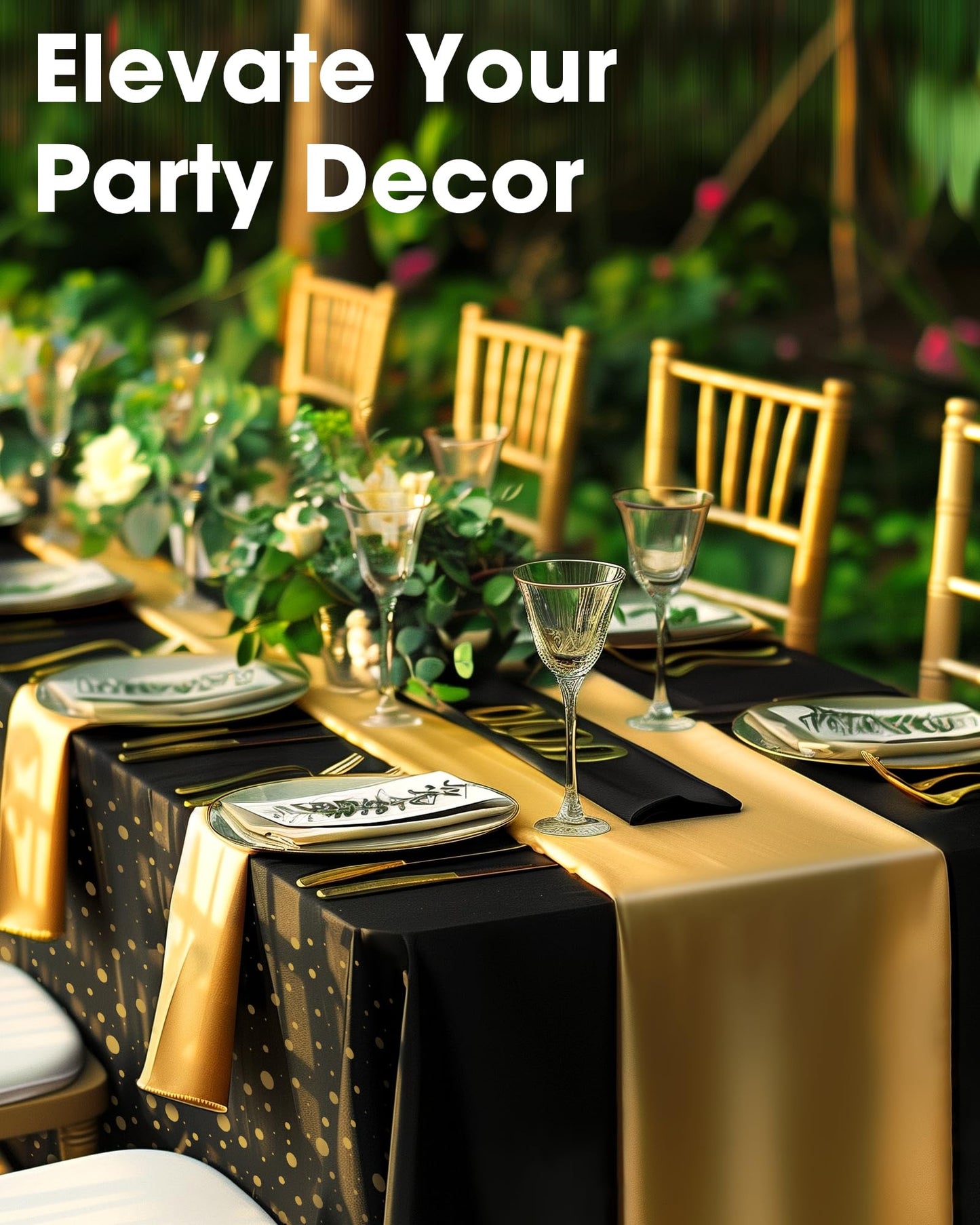 Niuara Graduation Decorations Table Cloth for Rectangle Table and Table Runner Set - 3+3 Pack, Black and Gold Plastic Tablecloth Disposable for Birthday, Wedding, Baby Shower, New Year