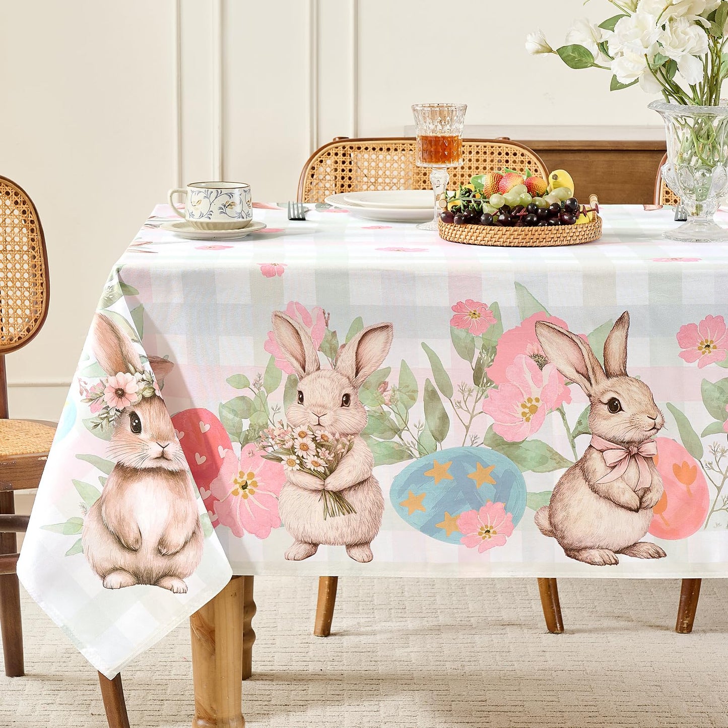 Romanstile Spring Easter Rectangle Tablecloth 60 x 84 Inch, Bunny & Eggs Buffalo Check Plaid Table Cloth Waterproof Fabric Table Cover for Dinner Picnic Indoor Outdoor, Gradient