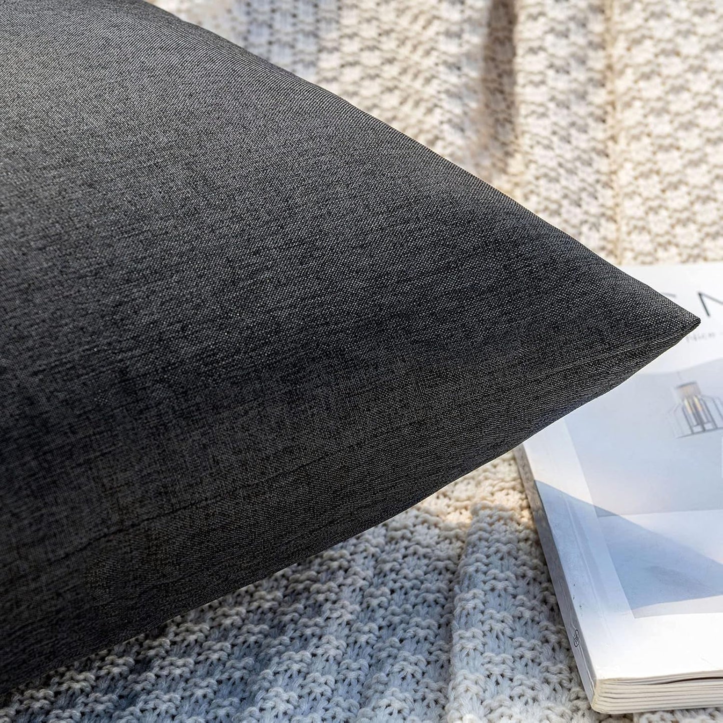 MIULEE Decorative Outdoor Throw Pillow Covers - Waterproof Faux Linen Cushion Cases | 22x22 Inch Black, Set of 2