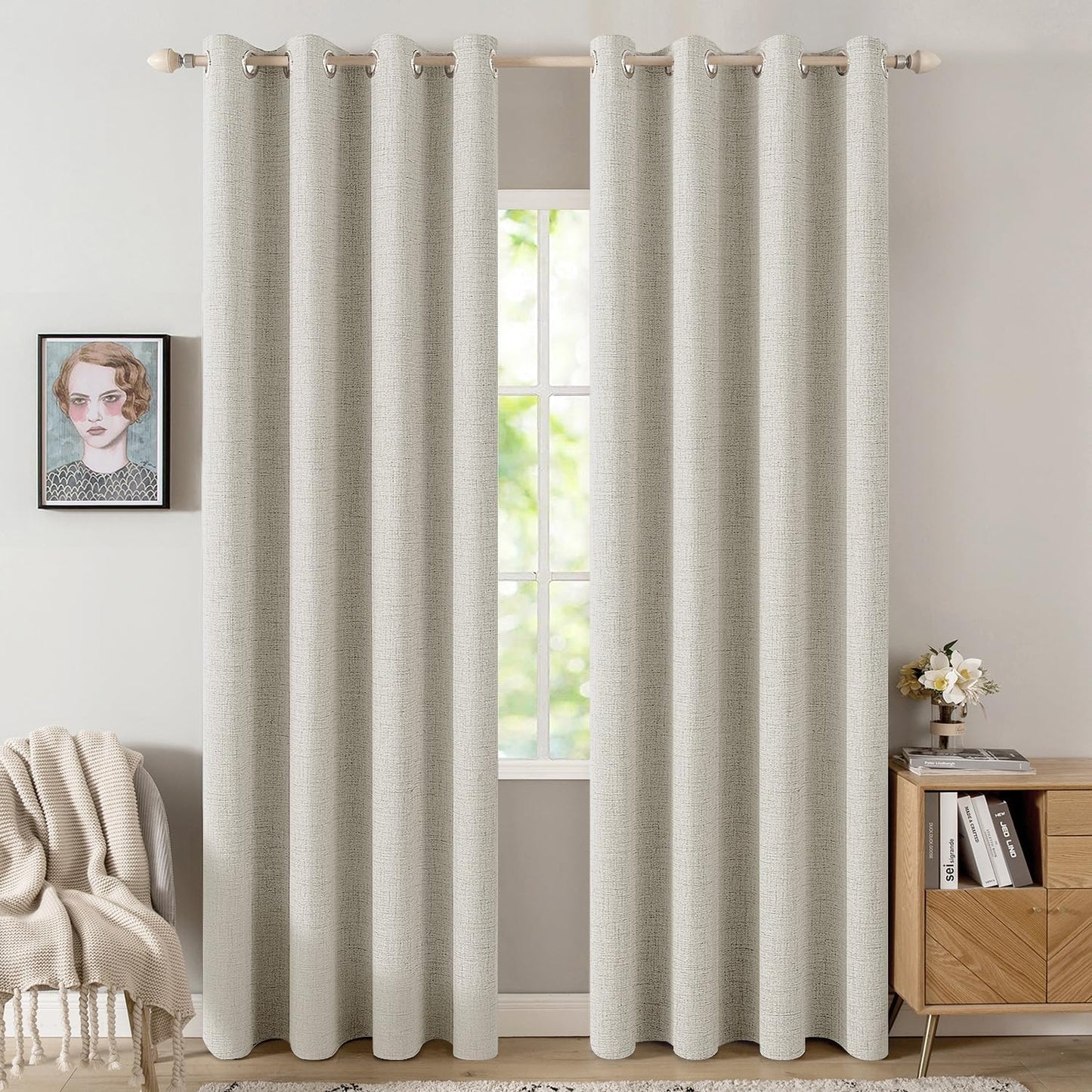 MIULEE Linen Texture Curtains - 100% Blackout Thermal Insulated Drapes | Light Cream, 52x72 Inch (2 Panels)