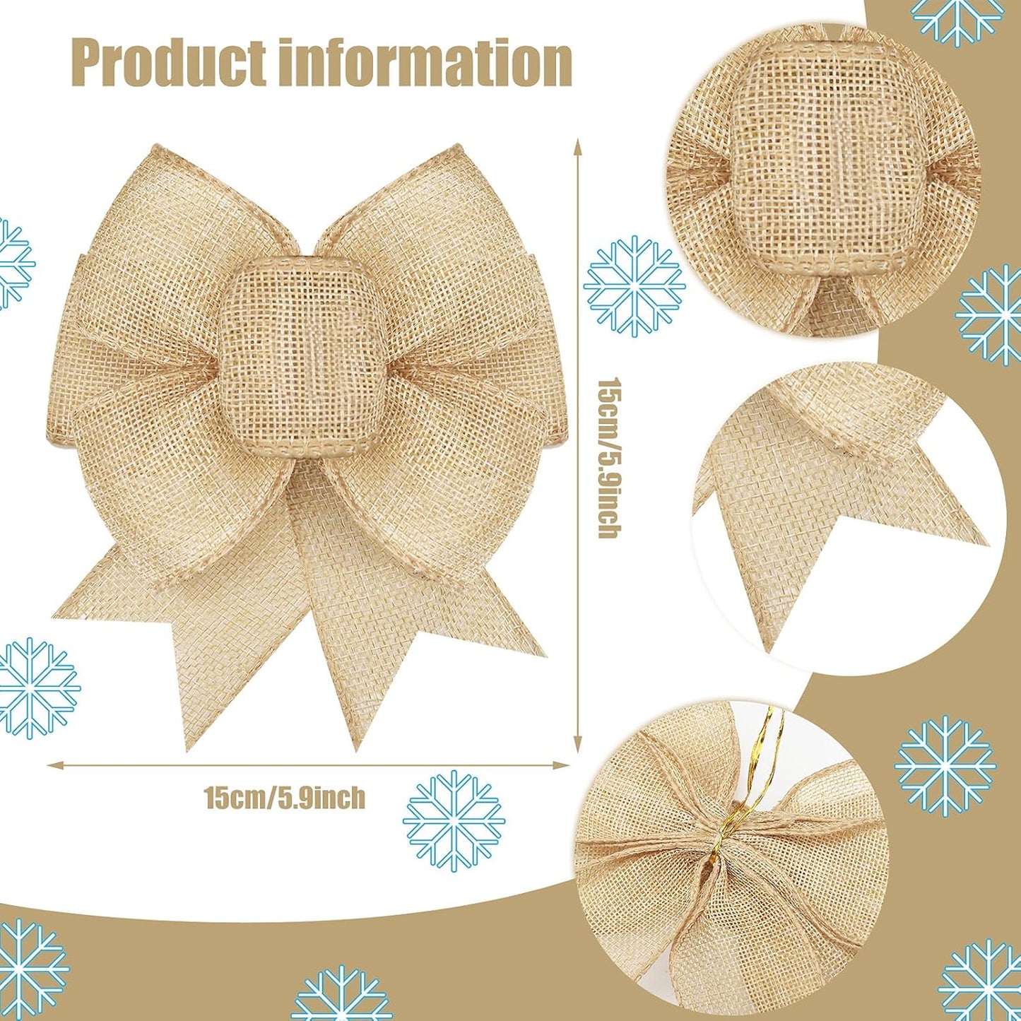 Xinnun Burlap Bows - Rustic Jute Decorations for Holiday Wreaths & Christmas Tree Toppers | 4 Pcs Set