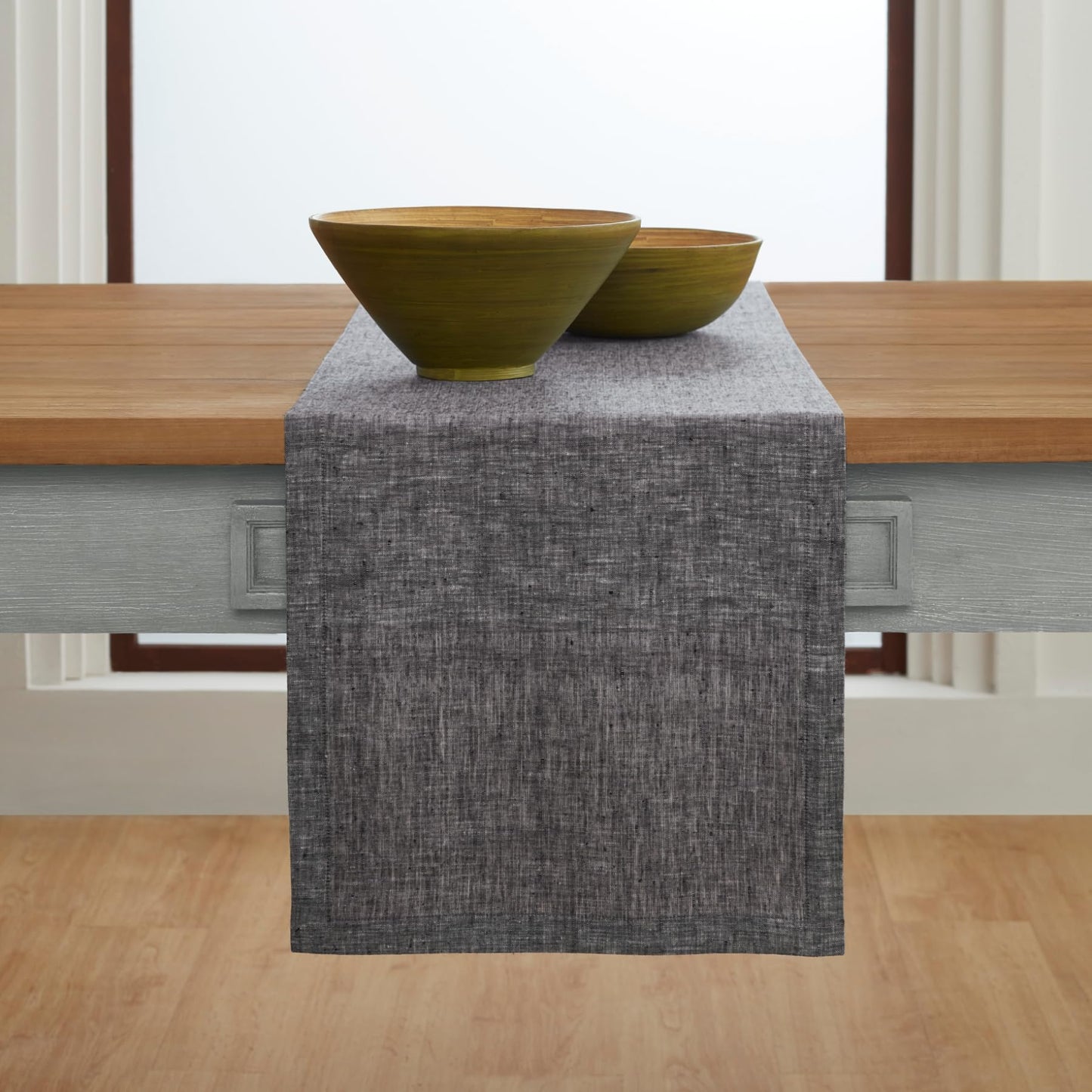 Solino Home Linen Table Runner 72 Inches Long - Athena, 100% Pure Linen Chambray Black Table Runner 14 x 72 Inch for Dining, Mothers Day