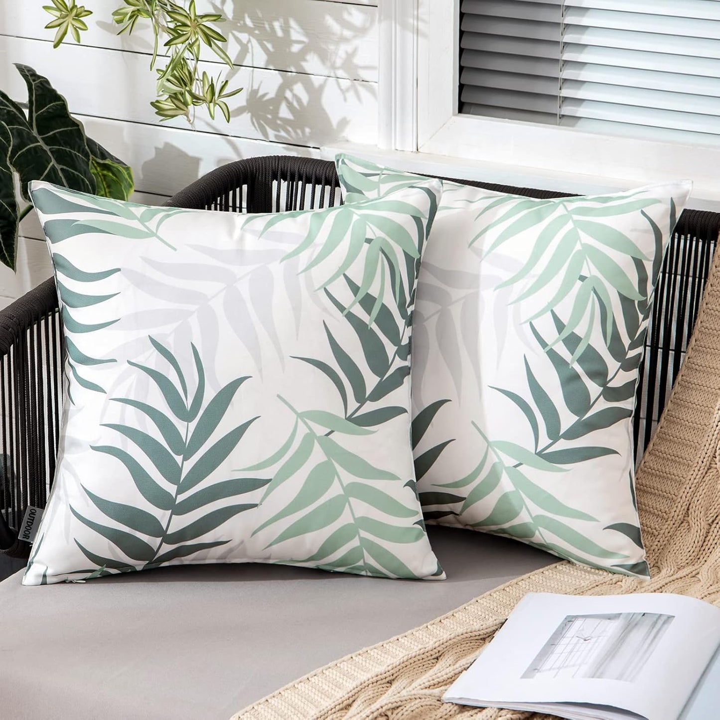 MIULEE Outdoor Waterproof Throw Pillow Covers - Spring Natural Leaves Pattern | 18x18 Inch, Greyish Green - Pack of 2
