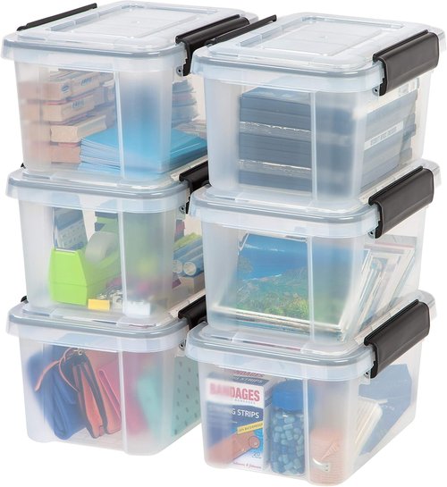IRIS USA WeatherPro 6 Qt Storage Bins - BPA-Free Plastic with Tight Seal & Lids | Stackable Clear/Black 6-Pack