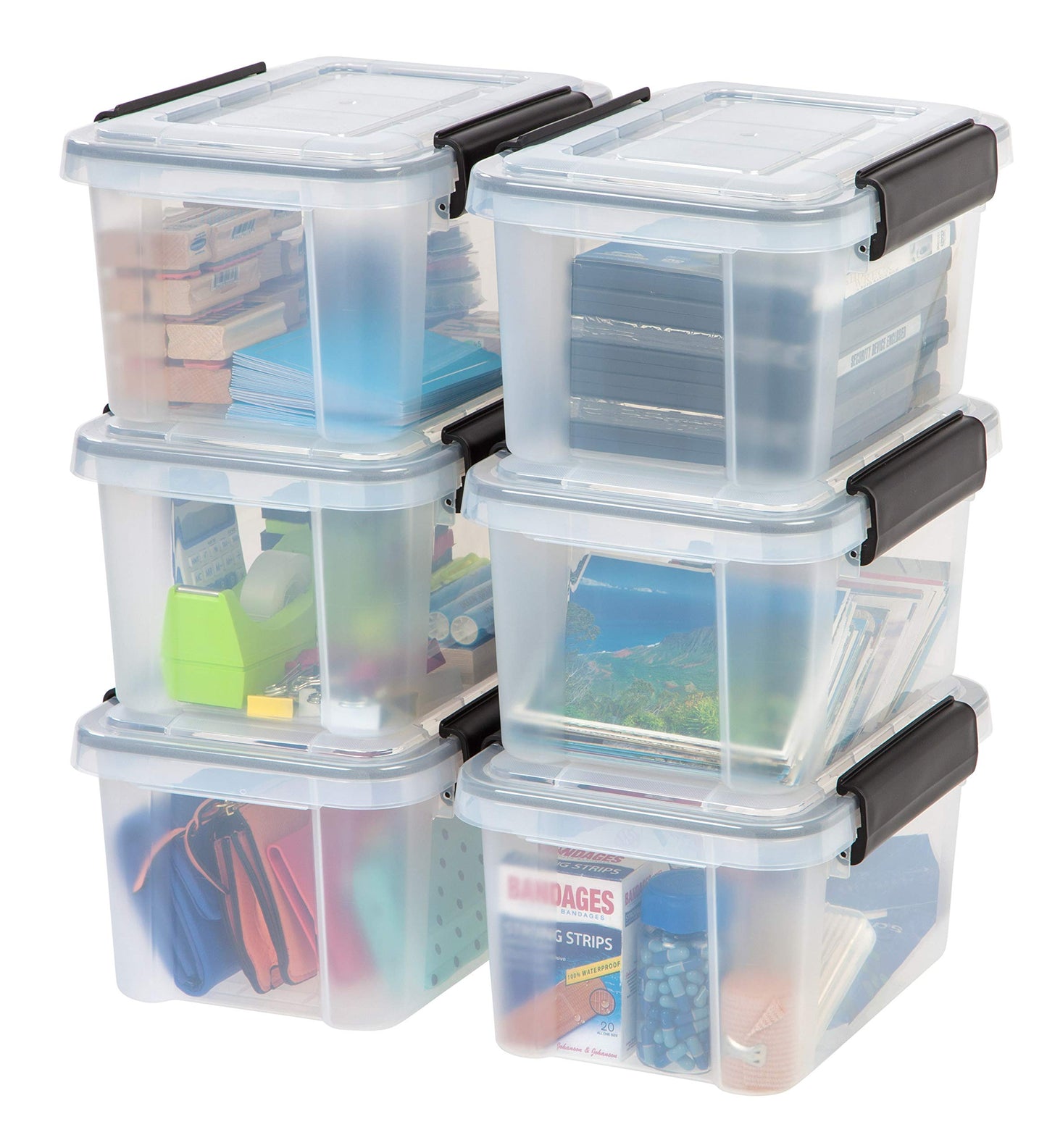 IRIS USA WeatherPro 6 Qt Storage Bins with Lids, 6 Pack, BPA-Free Plastic Gasket Box with Tight Latch and Seal, Stackable Nestable Tote Tub - Clear/Black