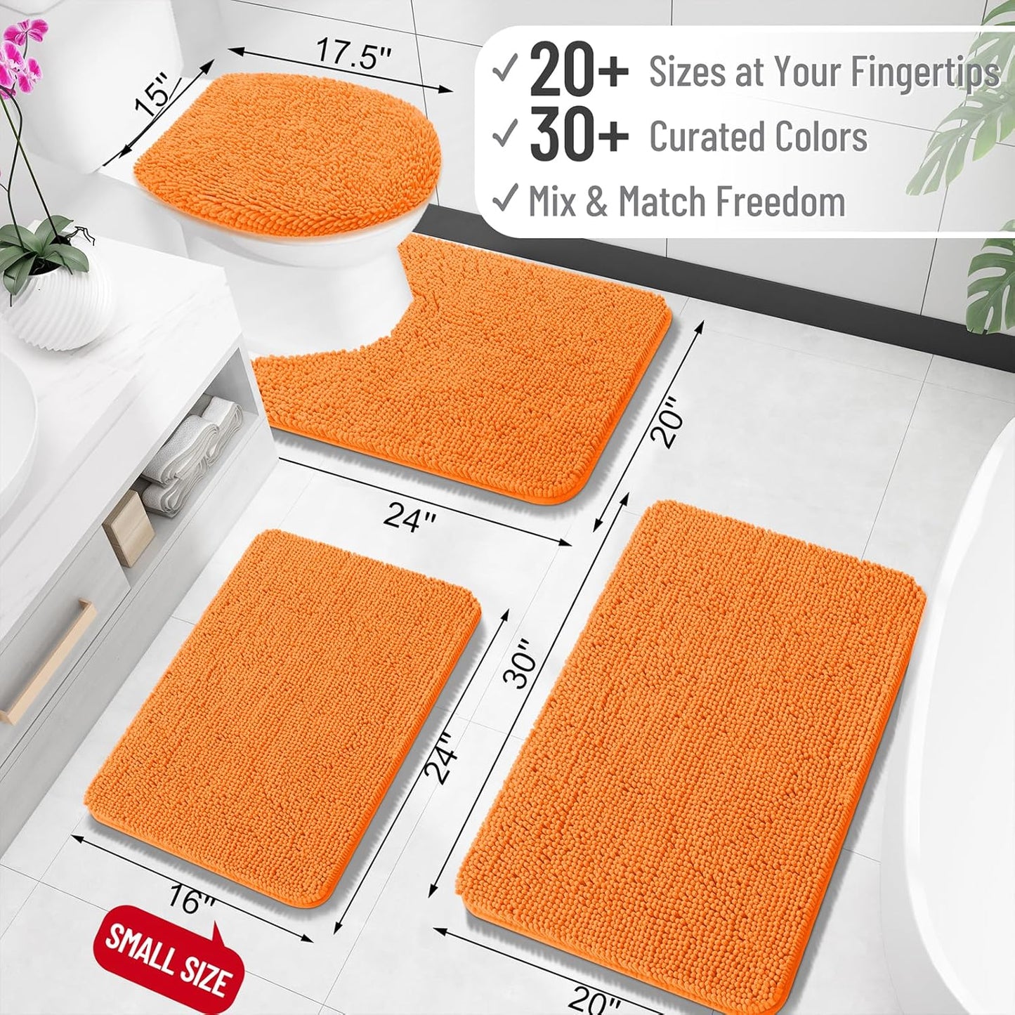 OLANLY U-Shaped Toilet Rug - Extra Soft, Absorbent Chenille Bathroom Mat | 24x20, Quick-Dry, Non-Slip, Orange